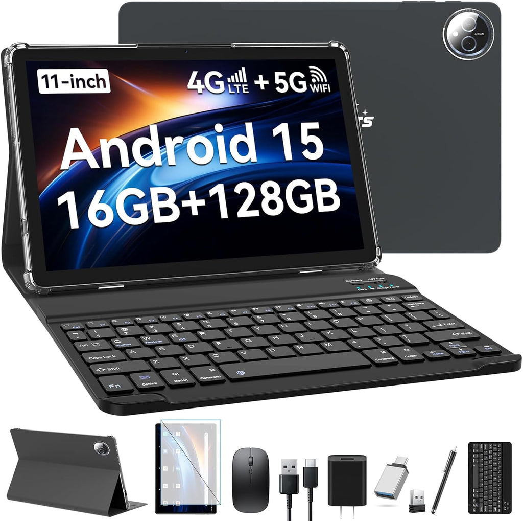 Tablet 2026 Upgraded Android 15, 11 Inch Tablet with Keyboard, 16GB RAM+128GB ROM/1TB Expendable, MTK8786 Octa-Core Processor, Gemini AI 2.0, Dual 4G Cellular for T-Mobile, 21MP Camera, GPS, Bluetooth