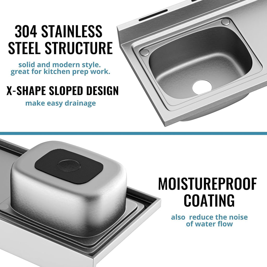 Stainless Steel Utility Sink, Kitchen Sink with Countertop Workstation, Free Standing Single Bowl with Cold and Hot Water Pipe for Laundry Room Garage Work Shop Indoor Outdoor Basement (39 Inch)