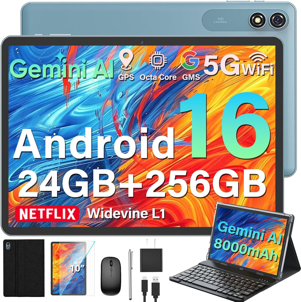 2026 Upgraded Android 16 Tablet, 10 inch Tablet with Keyboard, 24GB+256GB+2TB Expand, Gemini AI Tablet PC with 8-Core, 8000mAh, WiFi, GPS, Electronic 2-in-1 Tablets with Case, Mouse, Stylus (Black)
