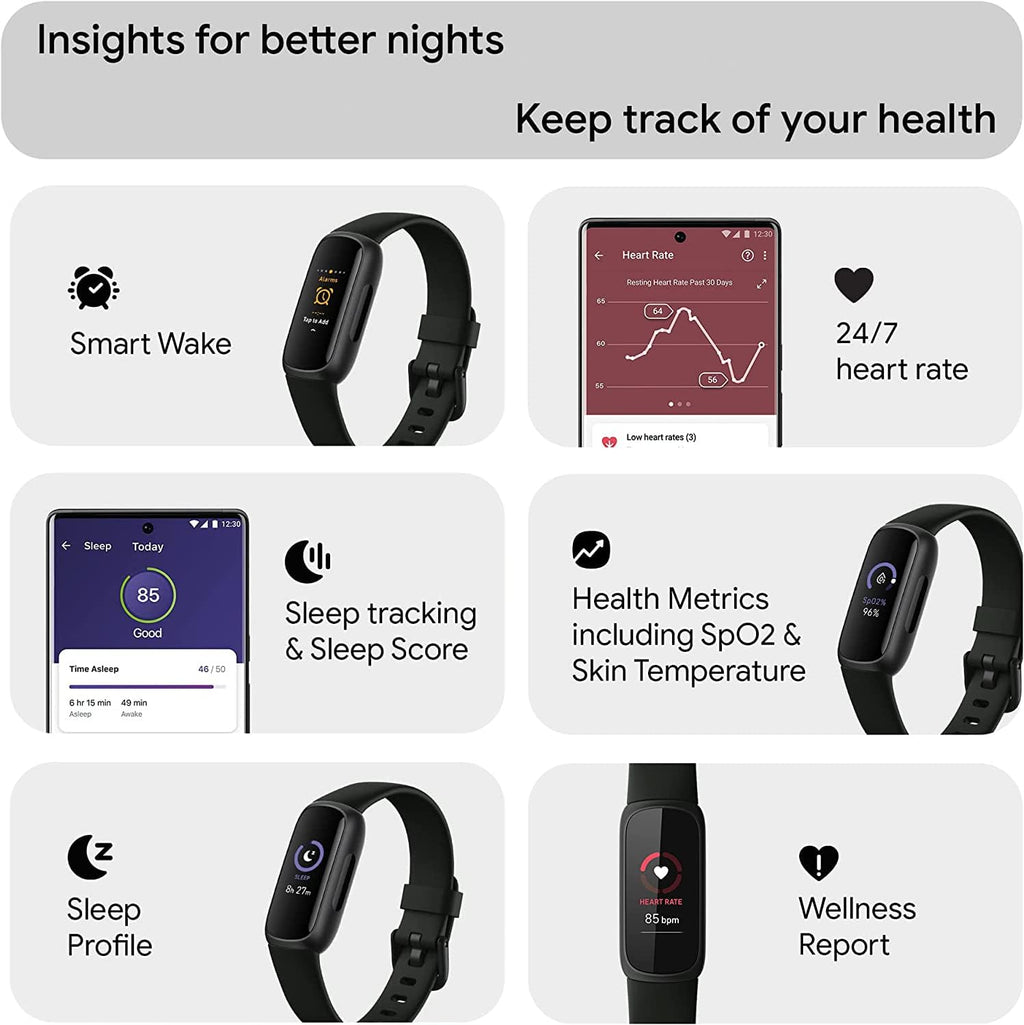 Fitbit Inspire 3 Health & Fitness Activity Tracker (Black) with Workout Intensity, Sleep Tracking, Heart Rate, S & L Bands, 3.3foot Charging Cable, Wall Adapter, Screen Protectors & PremGear Cloth