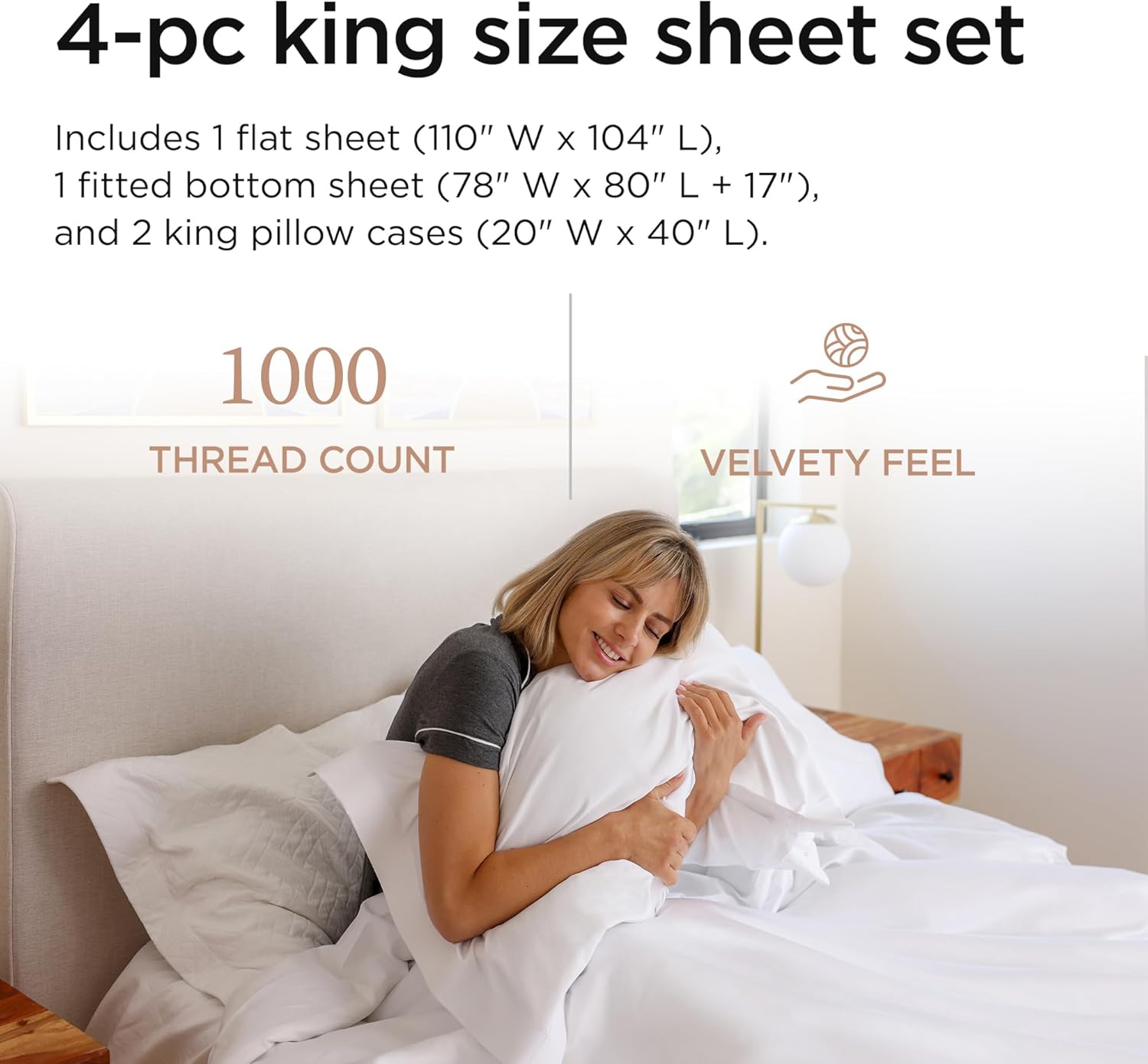 Threadmill 100% American Supima Cotton Sheets King Size - 1000 Thread Count, 4Pc King Size Sheet Set, Smooth Sateen Sheet, Ultra Luxury Bed Sheet, 17" Deep Pocket King Sheet Set - White Sheets