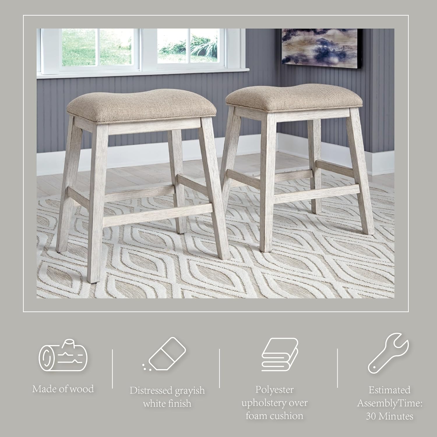 Signature Design by Ashley Skempton Modern 24" Counter Height Upholstered Barstool, 2 Count, Grayish White