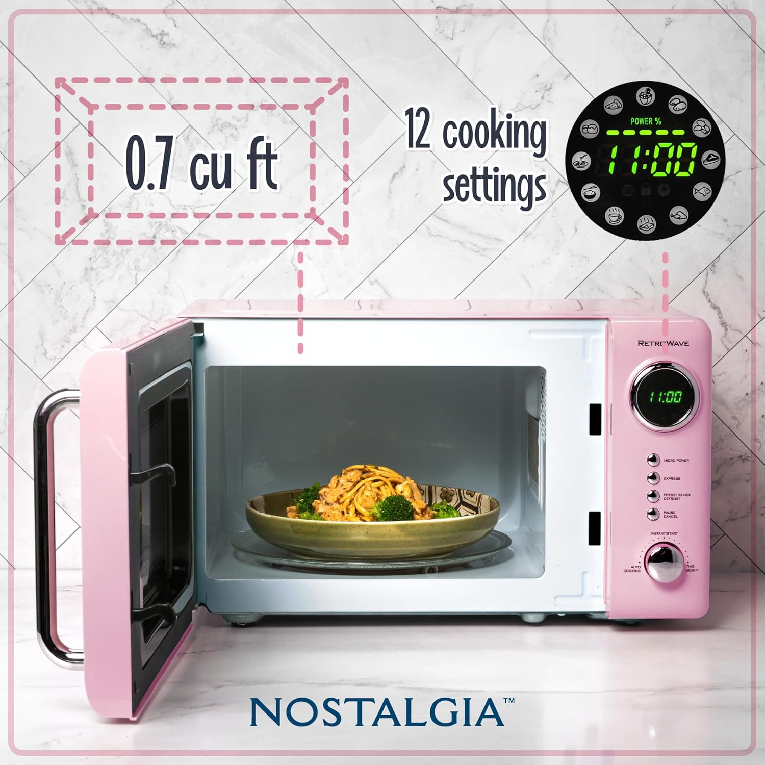 Nostalgia Countertop Microwave Oven with Easy Clean Interior - Retro Microwave with LED Display & Child Lock- Compact 0.7 Cu. Ft. Oven With 12 Pre-Programmed Settings for Quick Cooking- 700-Watts-Pink