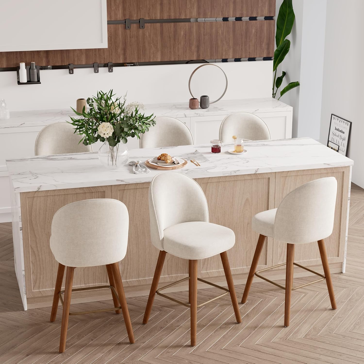 Modern Swivel Bar Stools Set of 3, Chic Upholstered Counter Height（26IN） Bar Chair with Back, Solid Wood Legs and Footrest, Comfortable Chenille Bar Stool for Kitchen Island, Cream Beige