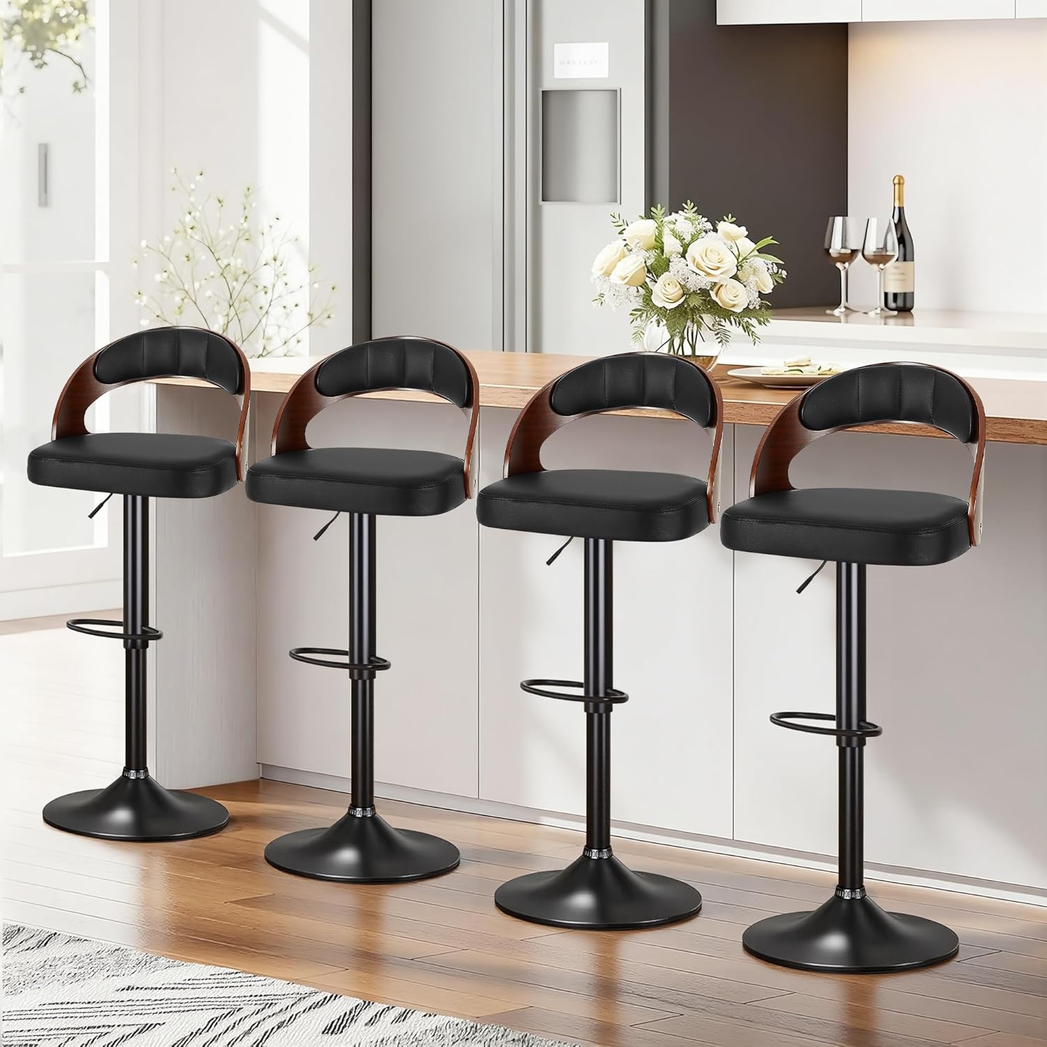 VECELO Bar Stools Set of 2,Counter Height Stools with Bentwood Back&Arm, Swivel Barstools,PU Leather Kitchen Island Stools, Adjustable Height Bar Chairs for Club Pub Dining Room,Black