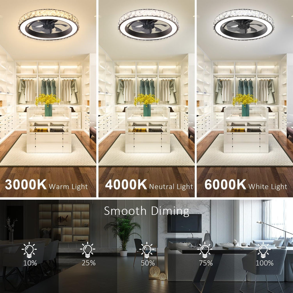 Aipsun Low Profile Modern Crystal Chandelier Ceiling Fans with Lights and Remote, 3000K-6500K Smart Bladeless LED Fan, 18" Black Modern Ceiling Fans with Lights for Bedroom