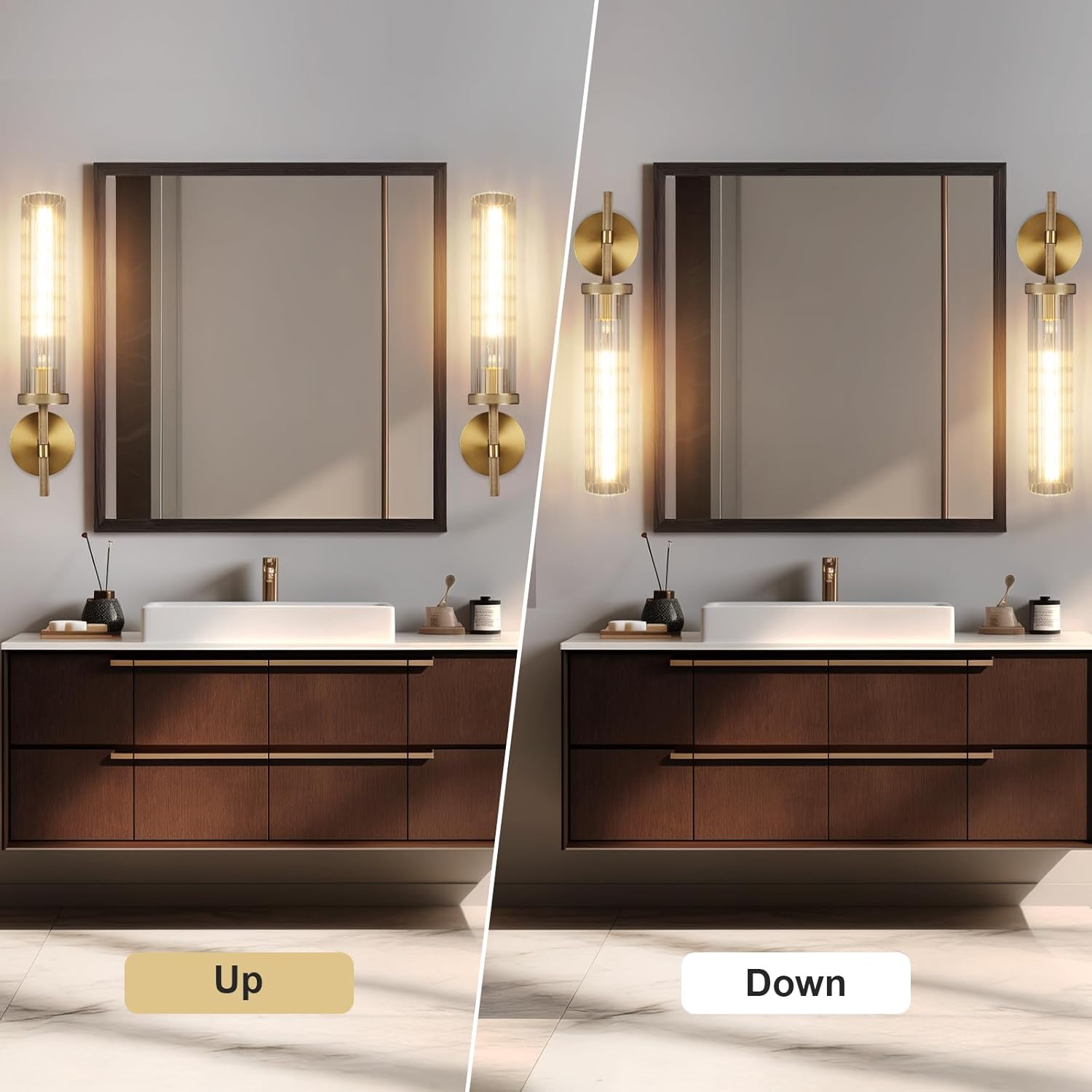 19.5" Knurled Brass Wall Sconces Set of 2, Gold Bathroom Vanity Light Fixtures with Vertical Striped Glass Tube, Modern Lamp Lighting for Bedroom, Living Room, Hallway, Staircase, Mirror, Kitchen