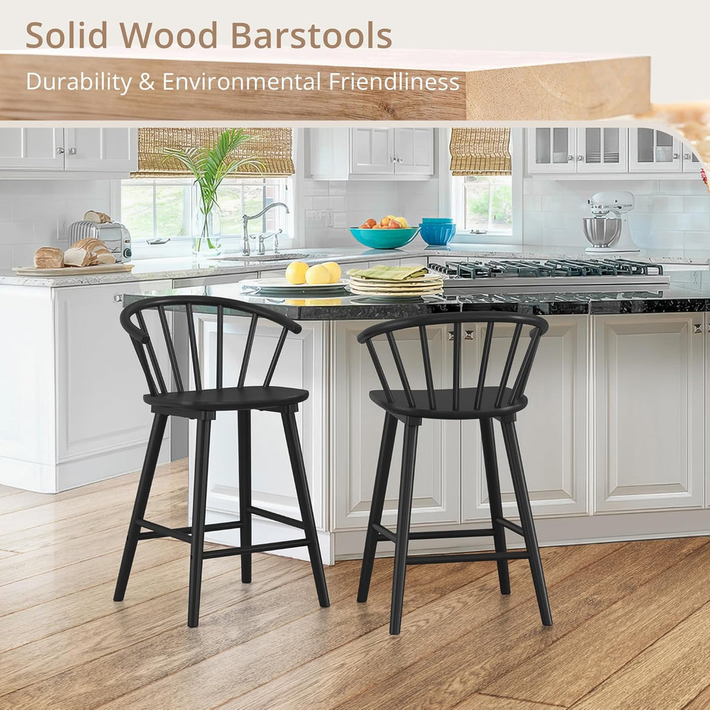 LUE BONA Bar Stools Set of 4, Black Farmhouse Barstools with Semicircular Backrest, Mid Century Modern Counter Height Bar Stools for Kitchen Island, 24 Inch