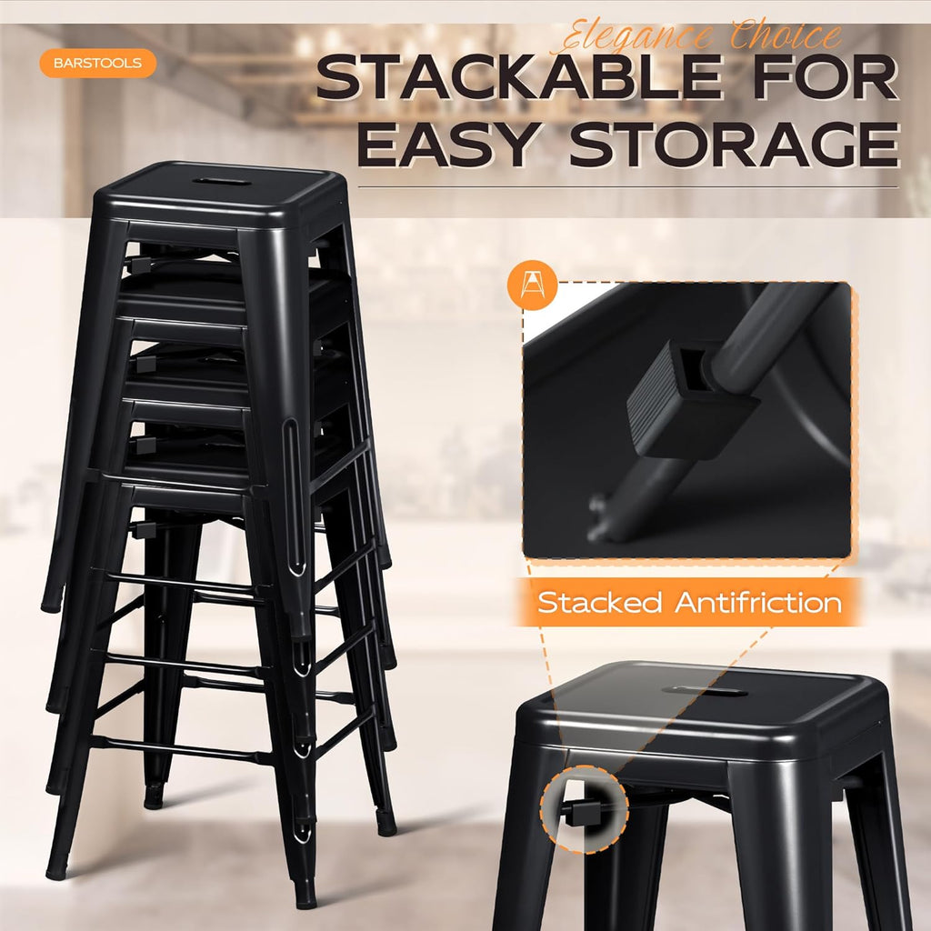 Furmax 24 Inch Metal Bar Stools Set of 4, Counter Height Bar Stools Height High Backless Stools Industrial Stackable Bar Chairs for Dining Room Kitchen Indoor Outdoor Stools Bar Chairs (Black)