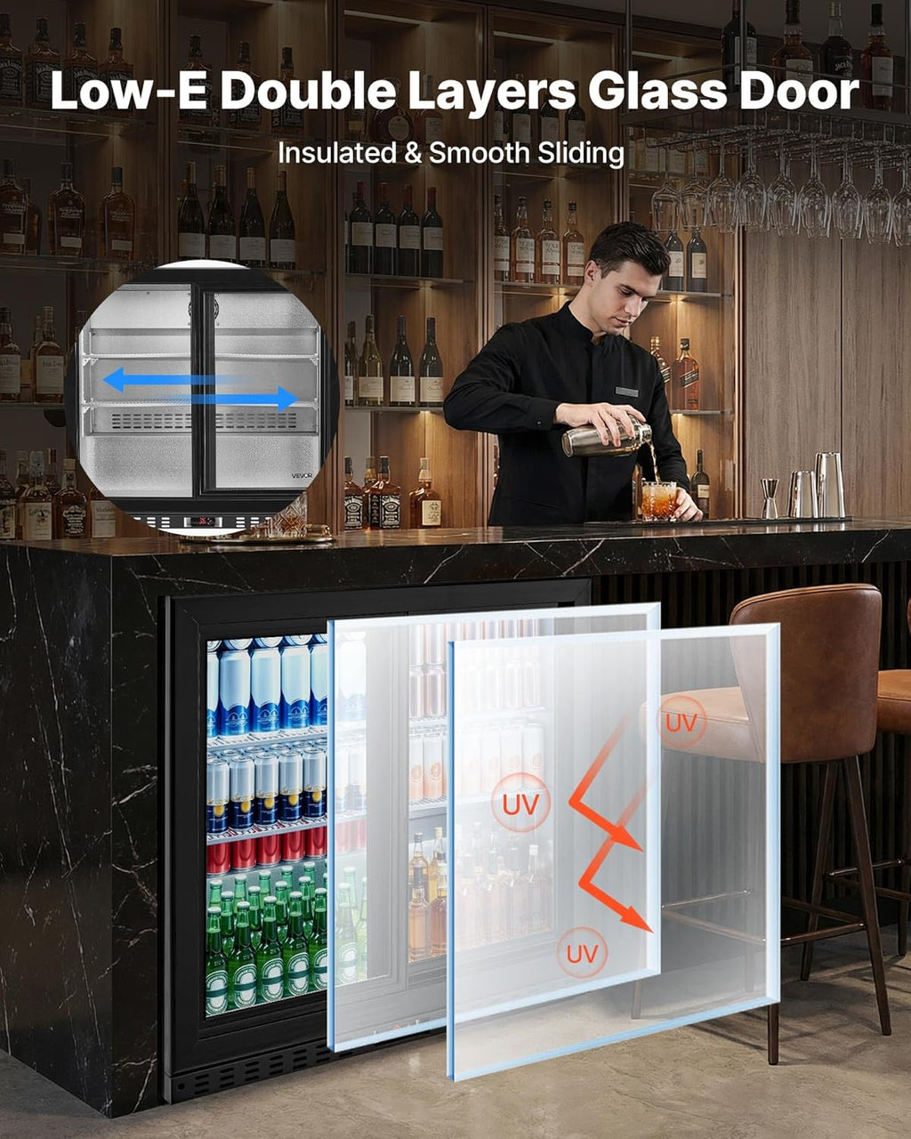 VEVOR Back Bar Cooler, 7.4 Cu. Ft Commercial Beverage Refrigerator, Under Counter Bar Fridge with 2 Sliding Doors, LED Lighting, Adjustable Shelves, Low-E Glass Display Cooler for Beer, Wine, Drink