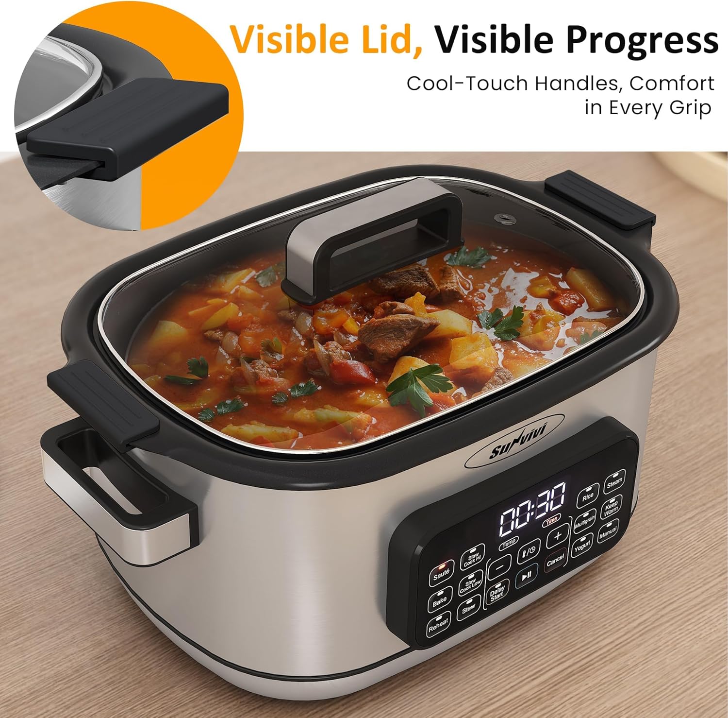 Sunvivi 12-in-1 Multi Cooker, 6.5QT Programmable Slow Cooker with Timer & Temp Control, Auto Warm Setting, Delay Start, Dishwasher Safe Lid & Removable Nonstick Crock, Stainless Steel Rack, Sliver
