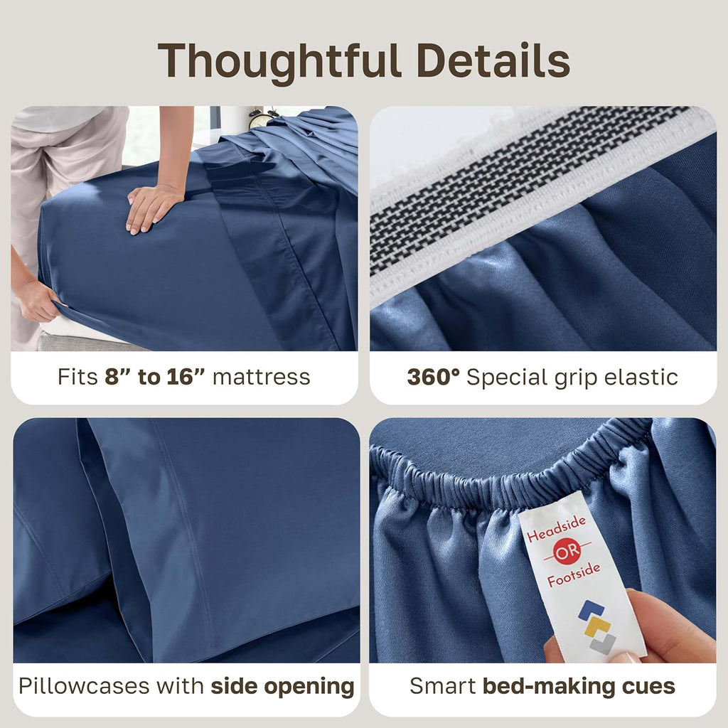 California Design Den Natural 100% Cotton Queen Sheet Set - Luxury Hotel 800 Thread Count Sateen, Soft and Durable Deep Pocket Sheets Set - Classic Blue