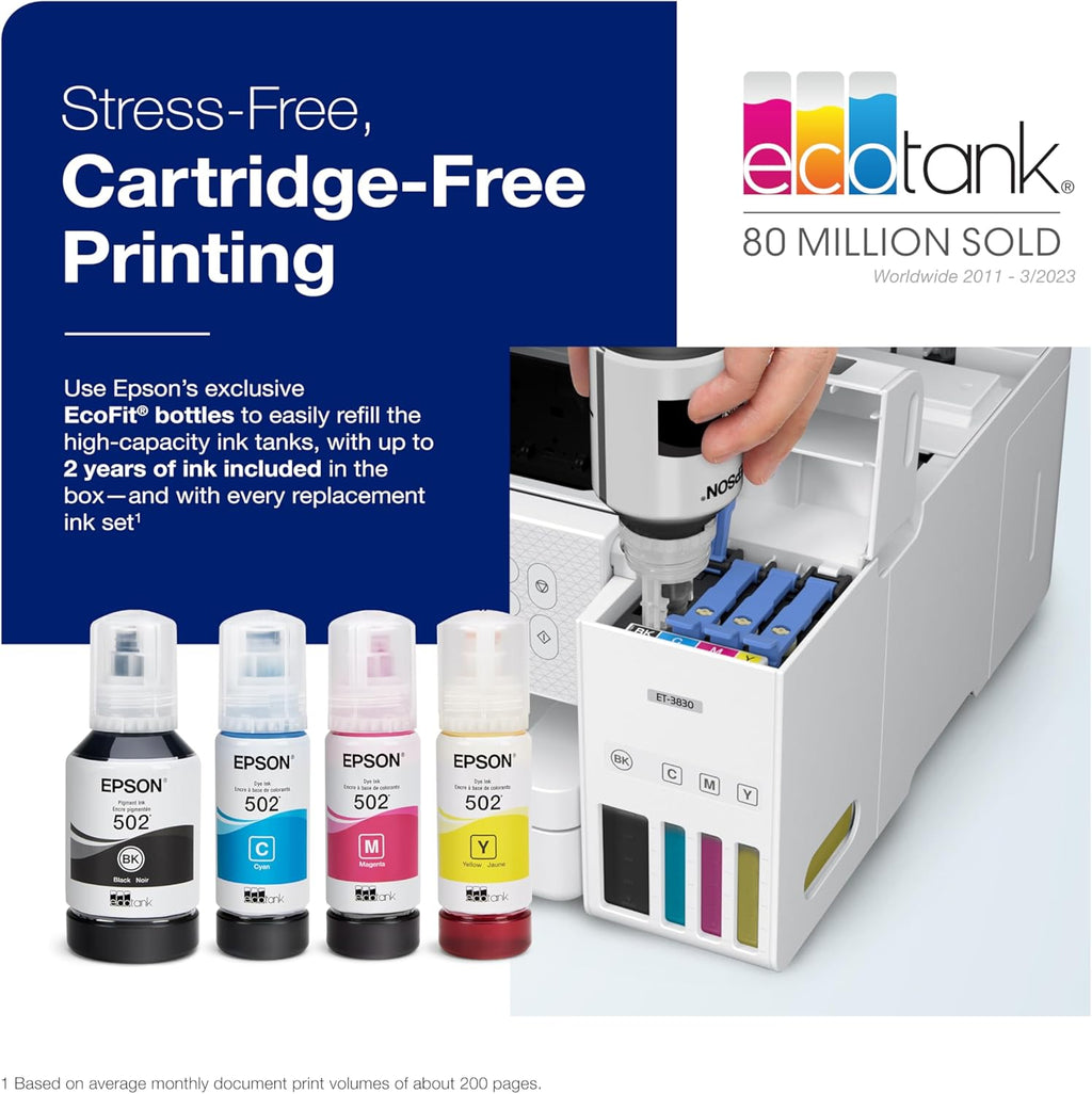 Epson EcoTank ET-3830 Wireless Color All-in-One Cartridge-Free Supertank with Scan Copy, Auto 2-Sided Printing and Ethernet, The Perfect Printer Productive Families, White