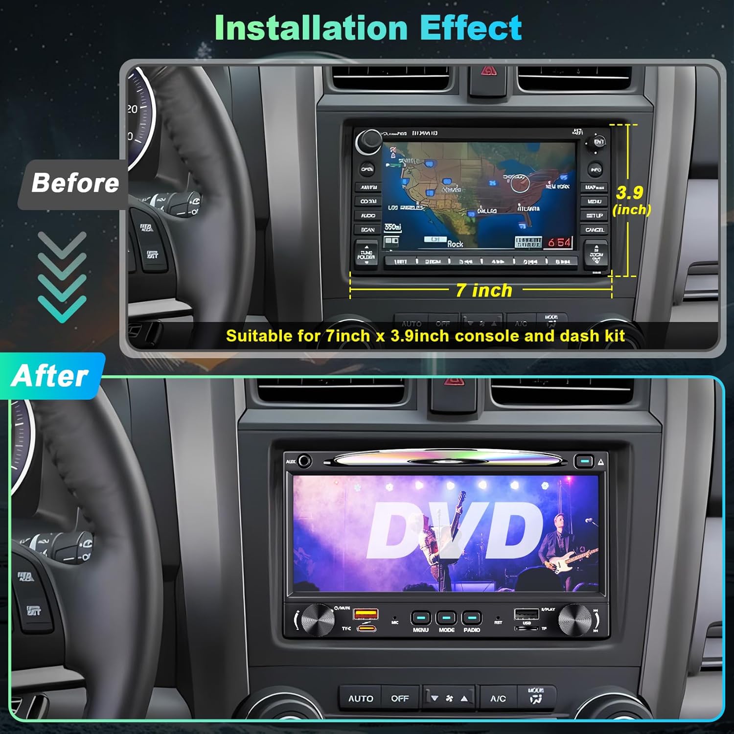 Double Din Carplay Car Radio with CD/DVD, 7 Inch Touchscreen Stereo with Wireless CarPlay & Android Auto Support Backup Camera, Bluetooth & Voice Control, Mirror Link, Subwoofer,SWC, AM/FM Radio