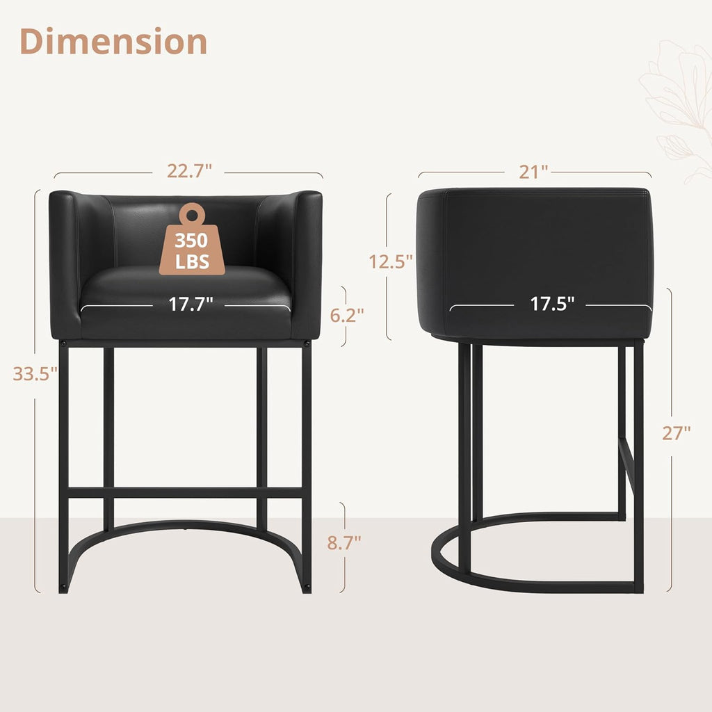 LUE BONA 27" H Counter Height Bar Stools Set of 3, Modern Barrel Counter Stools with Backrest and Arms, Black Metal Frames,Faux Leather Upholstered Accent Barstools for Kitchen Island,Black