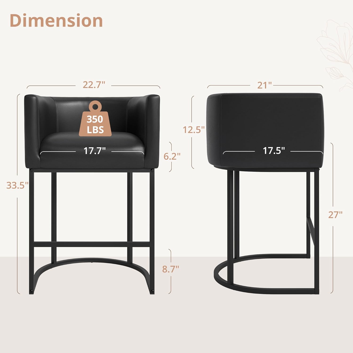 LUE BONA 27" H Counter Height Bar Stools Set of 3, Modern Barrel Counter Stools with Backrest and Arms, Black Metal Frames,Faux Leather Upholstered Accent Barstools for Kitchen Island,Black