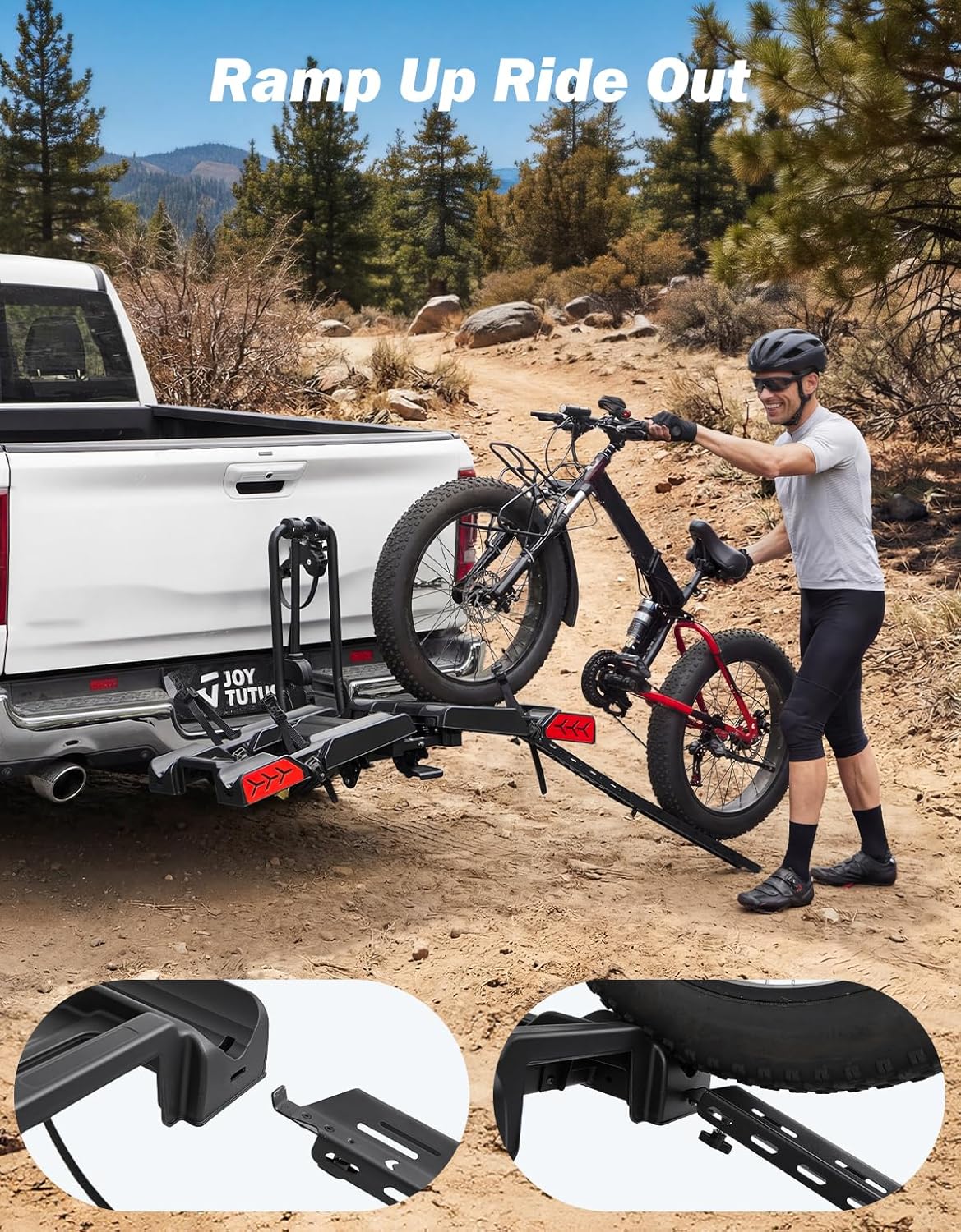 JOYTUTUS Hitch EBike Rack with Ramp for 2 E-Bikes, 200 LBS Capacity Electric Bike Rack for Cars SUVs Trucks, Easy Tilting Foldable Bike Carrier Platform Mount for 2" Receiver, Fits up to 5" Fat Tire
