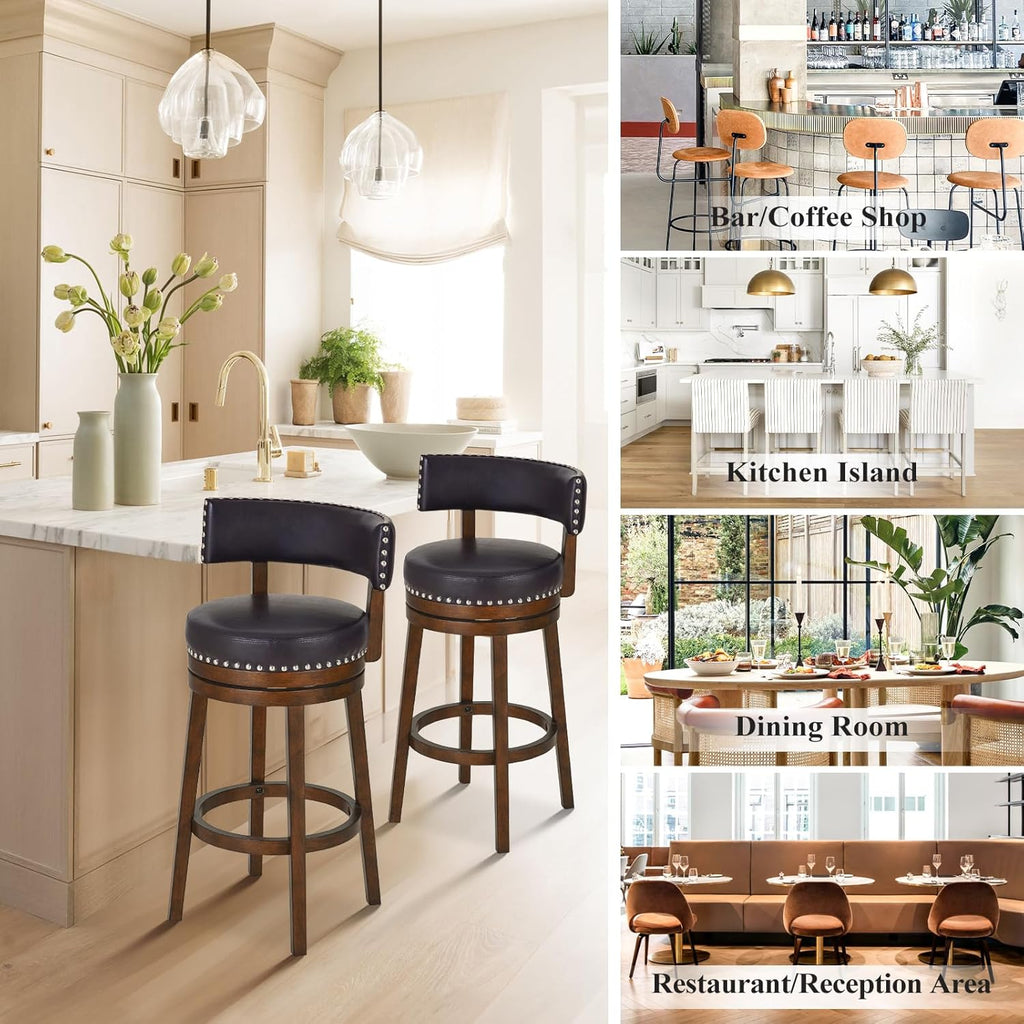 COLAMY Swivel Bar Stools Set of 4, 30 Inch Swivel Counter Height Stools, Modern Upholstered Wooden Barstools with Back for Kitchen Island Dining Room Bar, Dark Brown