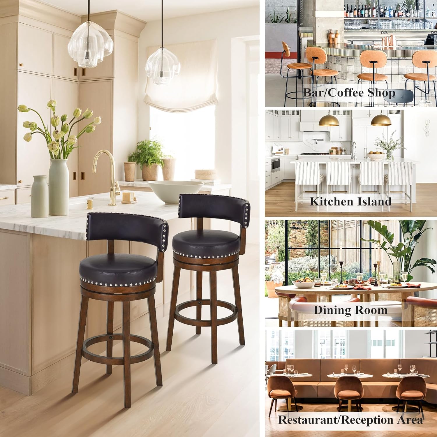 COLAMY Swivel Bar Stools Set of 4, 30 Inch Swivel Counter Height Stools, Modern Upholstered Wooden Barstools with Back for Kitchen Island Dining Room Bar, Dark Brown