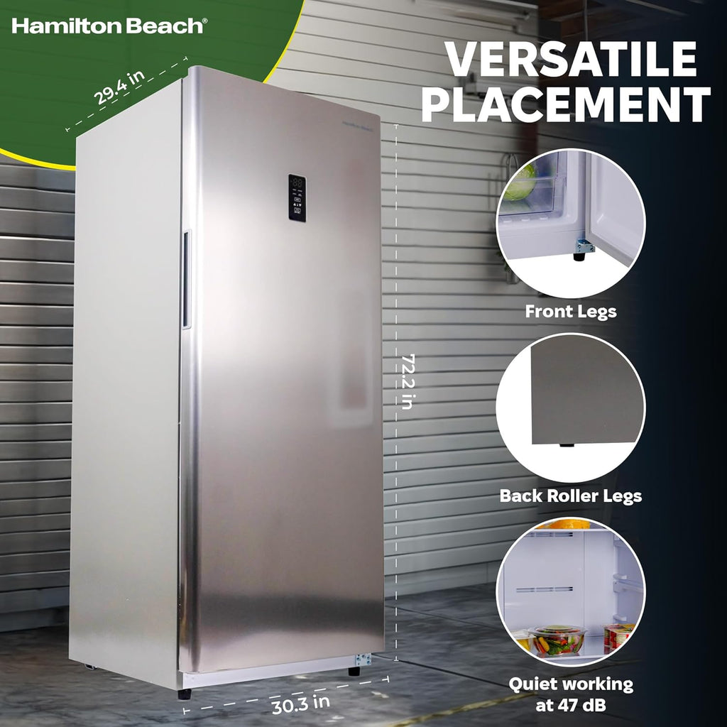 Hamilton Beach HBFRF1495 14 cu ft Upright Convertible Fridge/Freezer-Frost Free-Removable Glass Shelves-LED Interior Light, Stainless