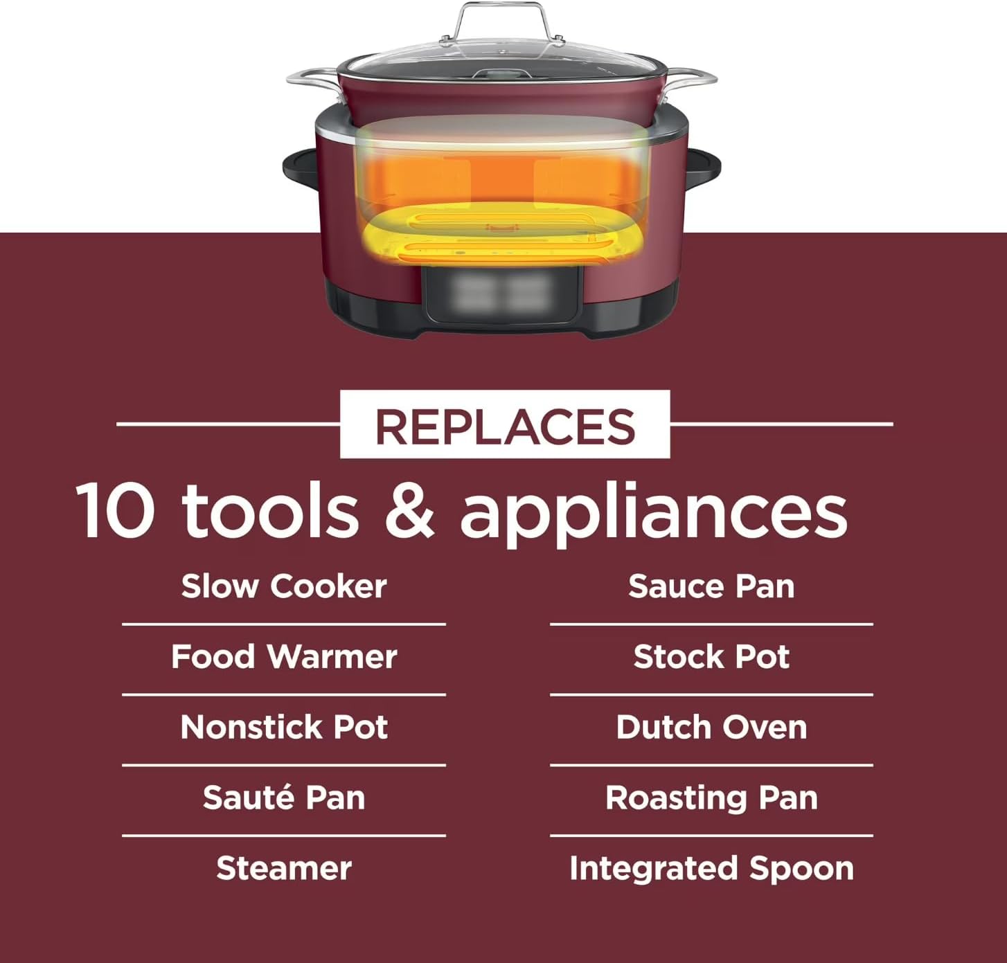 8.5 Quart 10-in-1 Multi Cooker with Slow Cook, Sear, Steam, Bake, Braise and Keep Warm Functions, Triple Heat Cooking, Glass Lid, Integrated Spoon, Digital Cooker Pot
