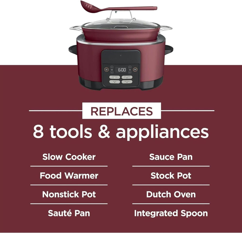 Foodi Possible Cooker, 8.5 Quart, 6-in-1 Multi-Cooker, Slow Cooker, Steamer, Glass Lid Integrated Cooking Utensil, Nonstick, Oven Safe Pot to 500°F, MC1000WM (Cherry Tarte)