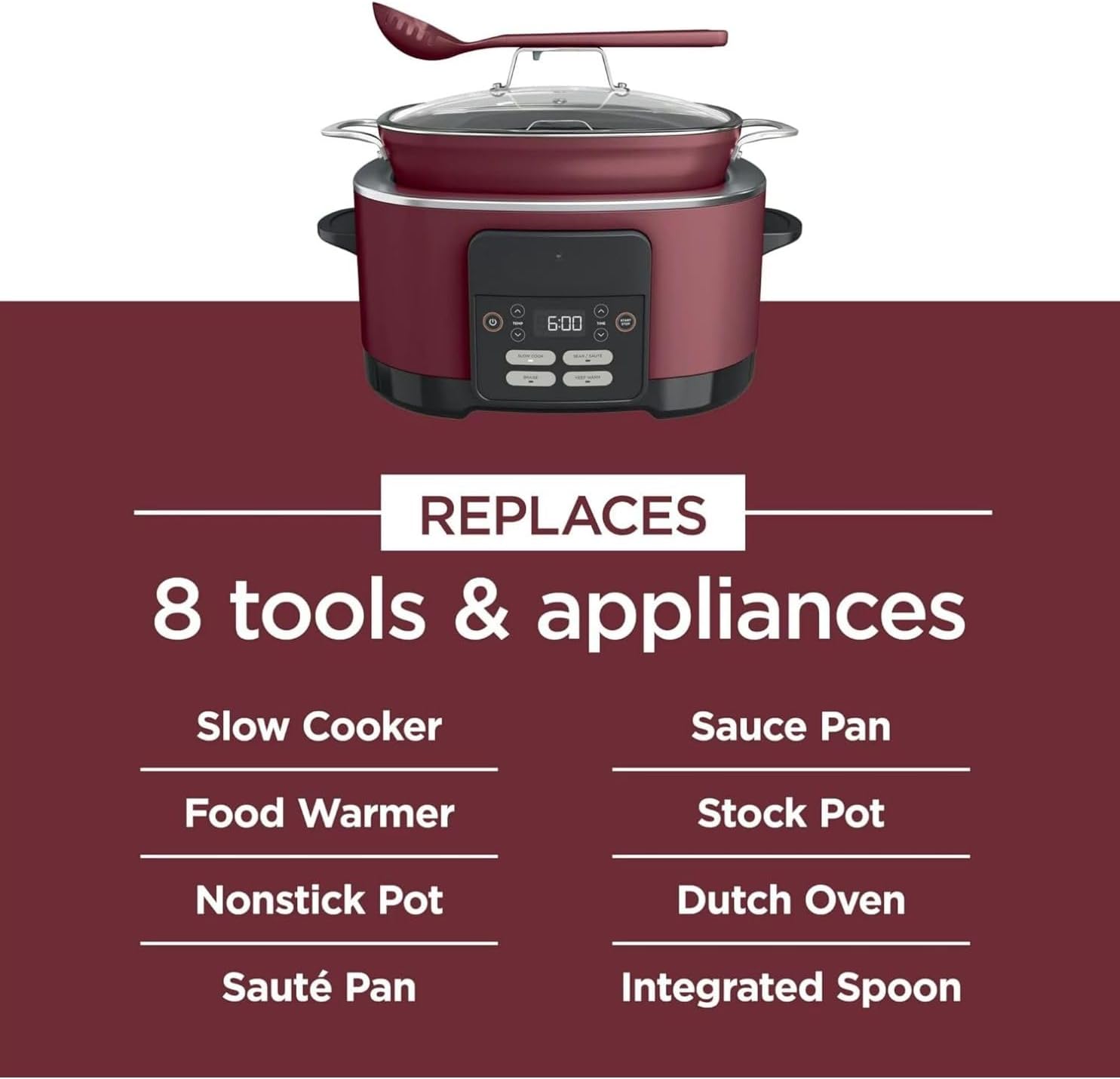 Foodi Possible Cooker, 8.5 Quart, 6-in-1 Multi-Cooker, Slow Cooker, Steamer, Glass Lid Integrated Cooking Utensil, Nonstick, Oven Safe Pot to 500°F, MC1000WM (Cherry Tarte)