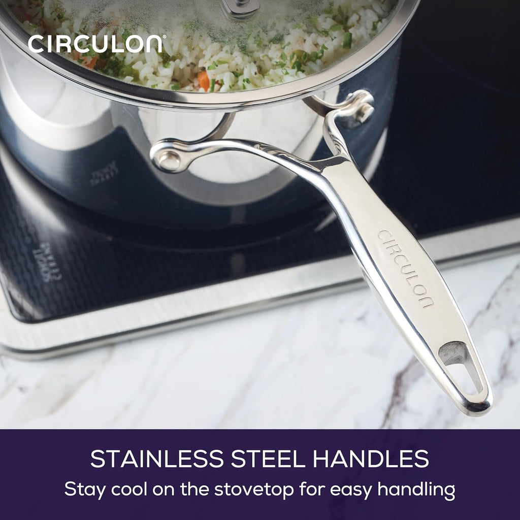 Circulon C1 Series Clad Stainless Steel with ScratchDefense Technology Cookware Nonstick Induction Saucepan with Lid, Metal Utensil Safe, 3 Quart - Polished Stainless Steel