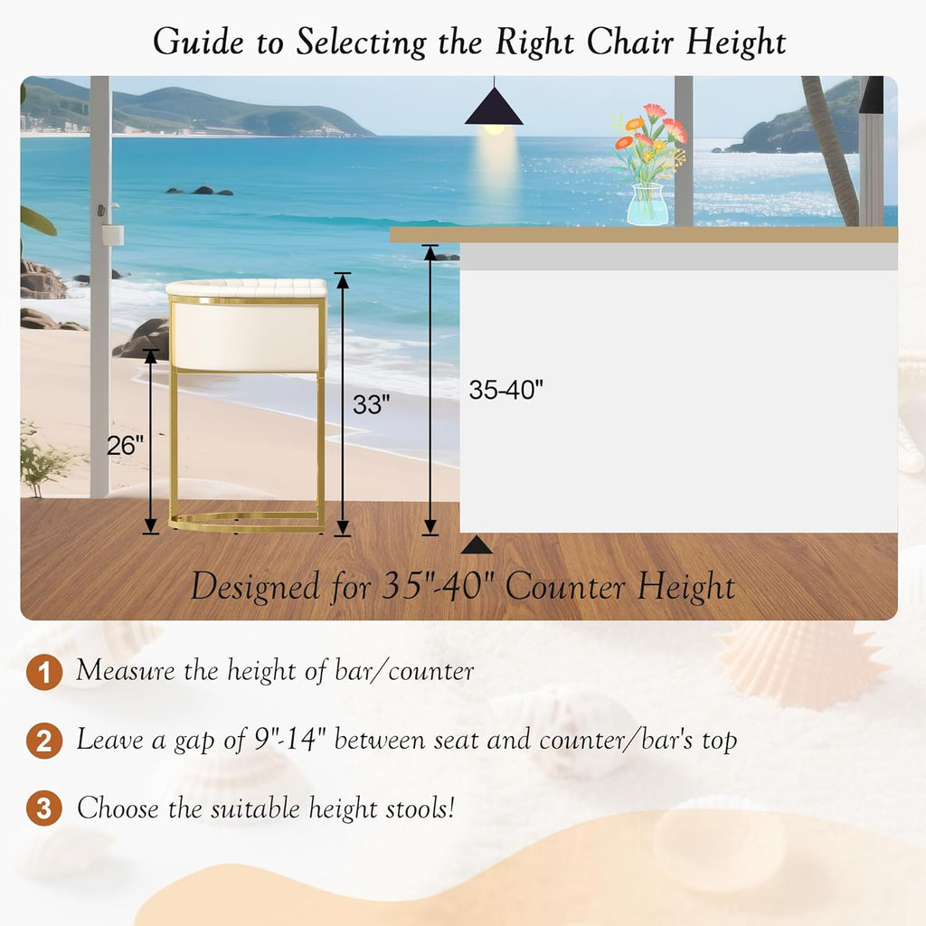 26" H Counter Height Bar Stools Set of 3, Modern Barrel Counter Stools with Backrest and Arms, Faux Leather Upholstered Barstools for Kitchen Island, Gold Stainless Steel Frame/Beige