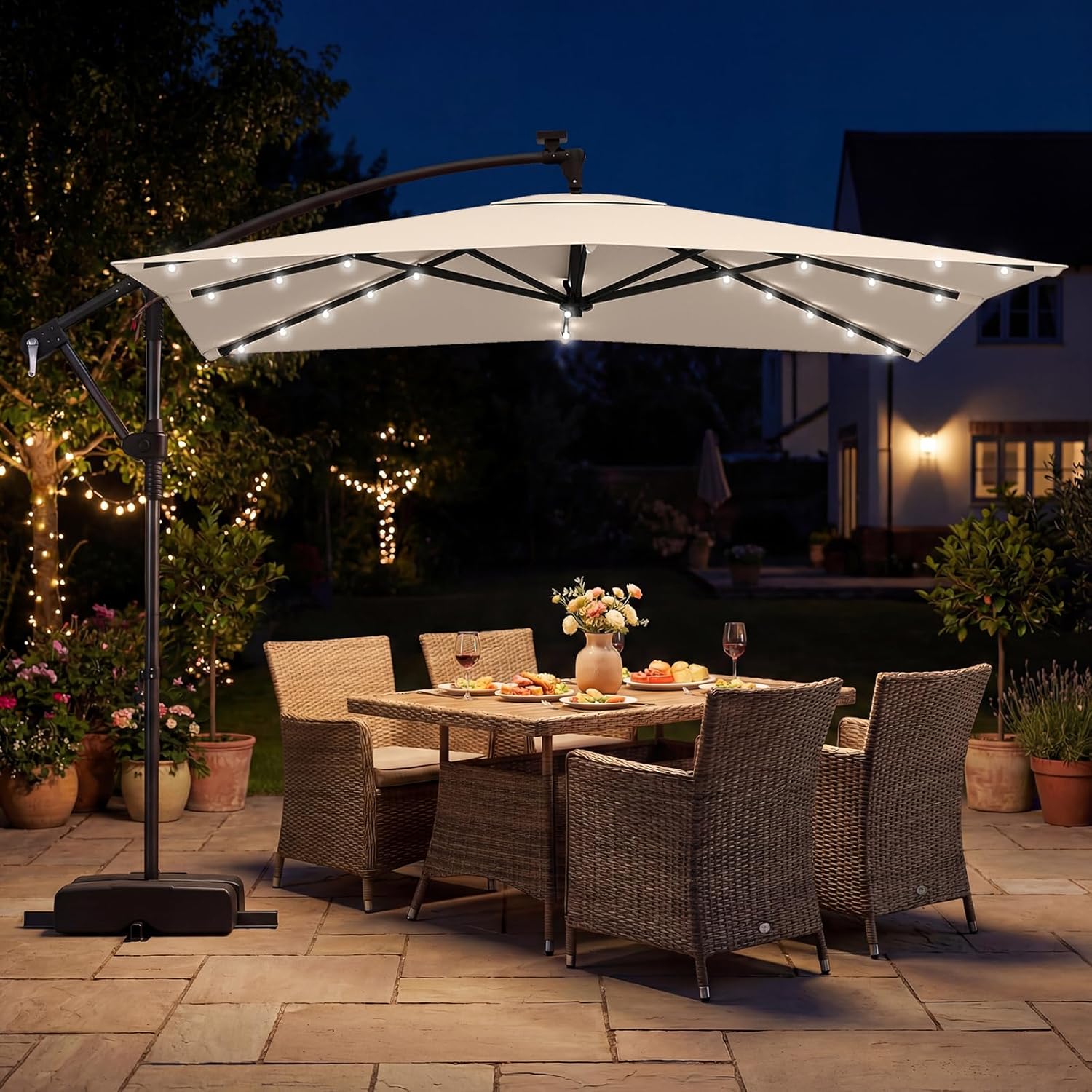 Tangkula 8x8 FT Solar Patio Umbrella with Base Included, Square Offset Cantilever Outdoor Umbrella with 32 LED Lights, 360 Degree Rotation, Crank Handle, 2 Sandbags, 8 Ribs, Air Vent for Pool Deck Garden Backyard