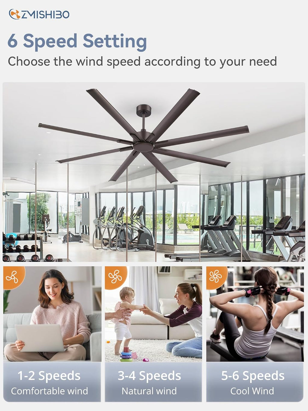 ZMISHIBO 84 Inch Ceiling Fans No Light, Large Industrial Ceiling Fan with 8 Aluminium Blades, Quiet DC Motor, 6 Speeds, Modern Ceiling Fan without Light for Garage/shop/living room,Oil-bronze