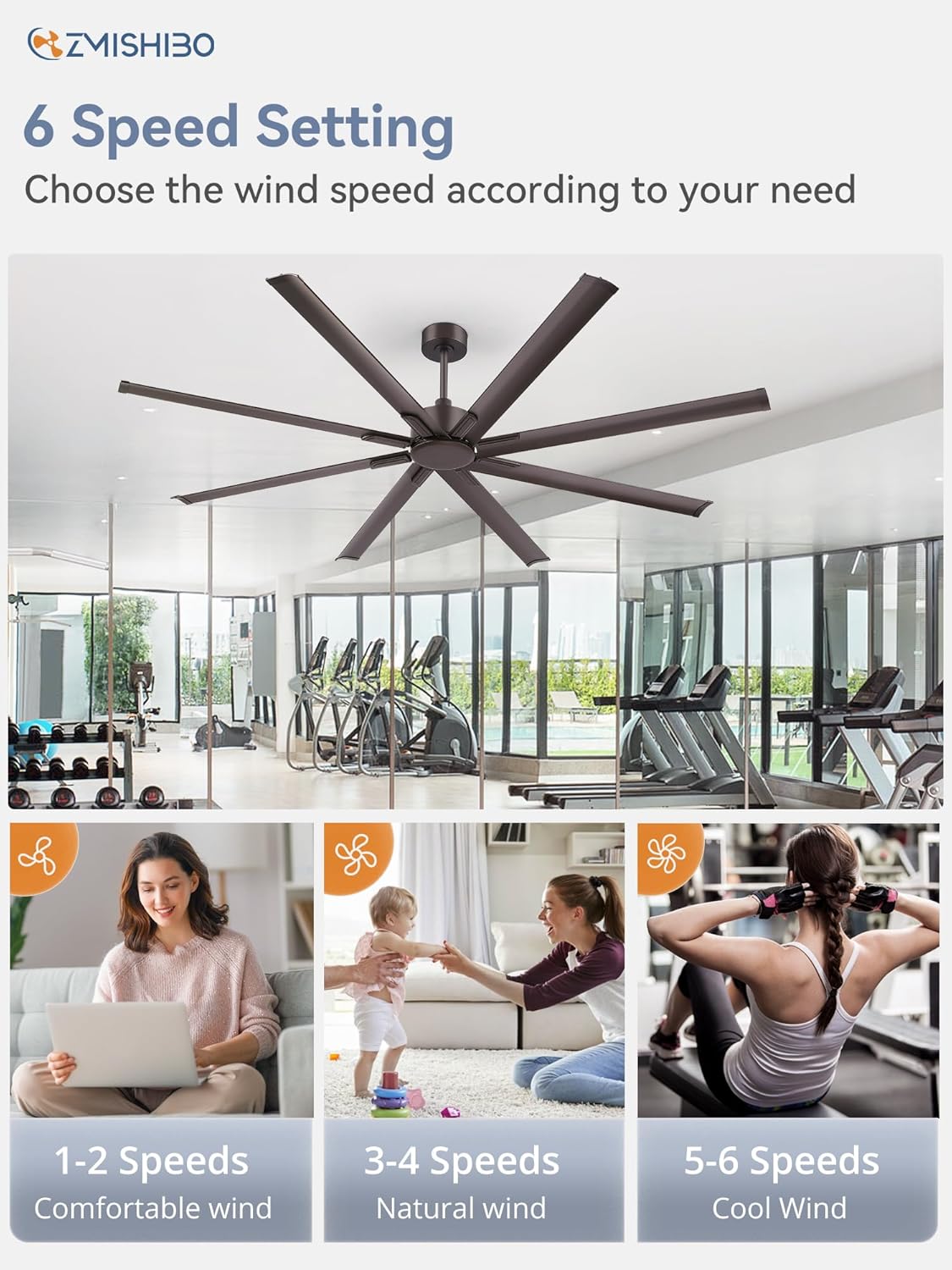 ZMISHIBO 84 Inch Ceiling Fans No Light, Large Industrial Ceiling Fan with 8 Aluminium Blades, Quiet DC Motor, 6 Speeds, Modern Ceiling Fan without Light for Garage/shop/living room,Oil-bronze