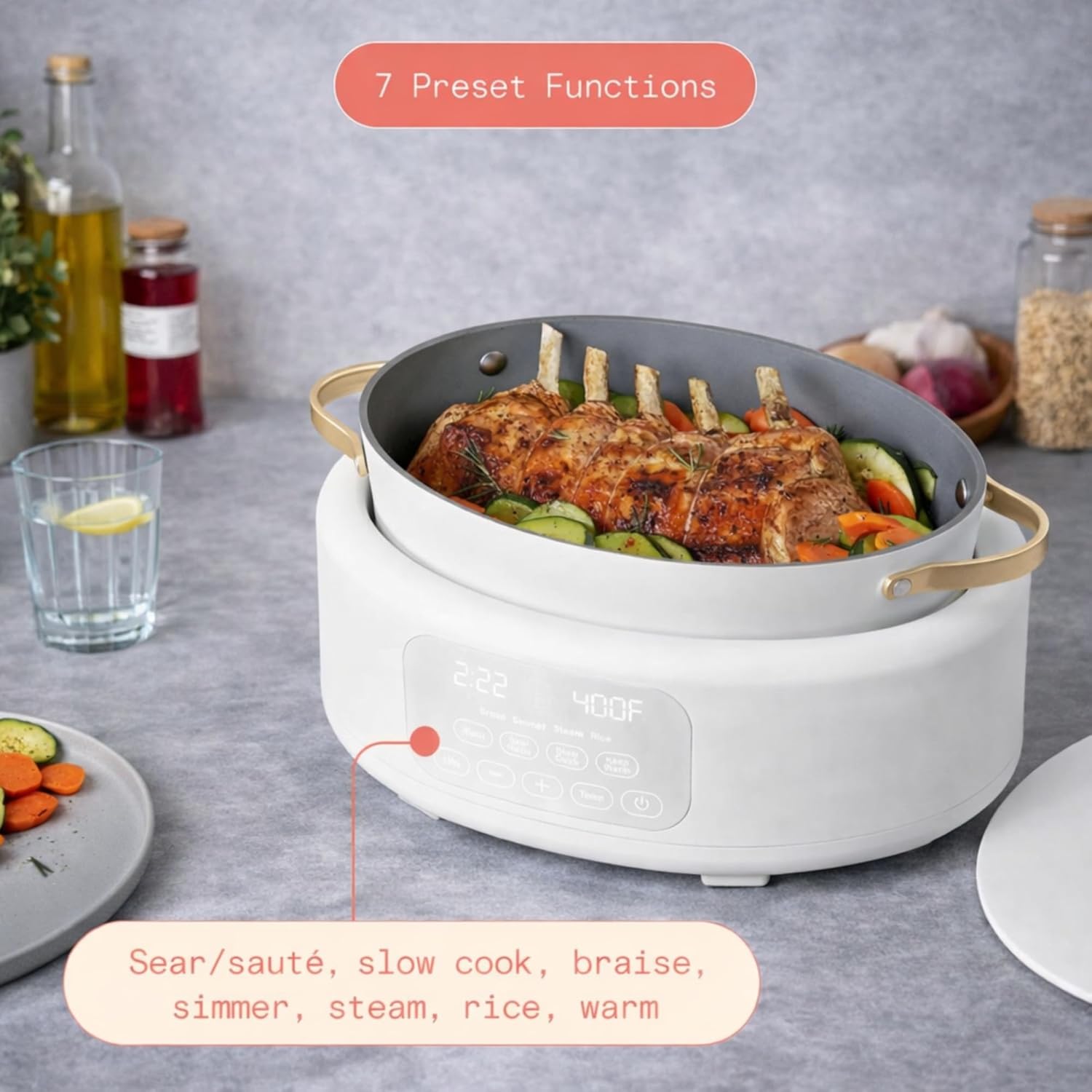 Slow Cook 6 Quart Electric Multi Cooker 10 in 1 with Programmable Touch Display, Slow Cook Sear Steam