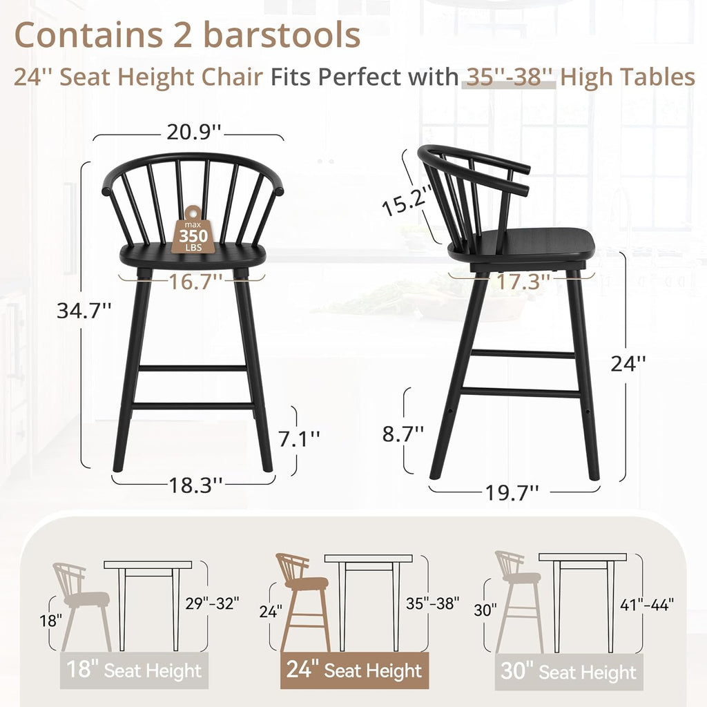 LUE BONA Bar Stools Set of 4, Black Farmhouse Barstools with Semicircular Backrest, Mid Century Modern Counter Height Bar Stools for Kitchen Island, 24 Inch