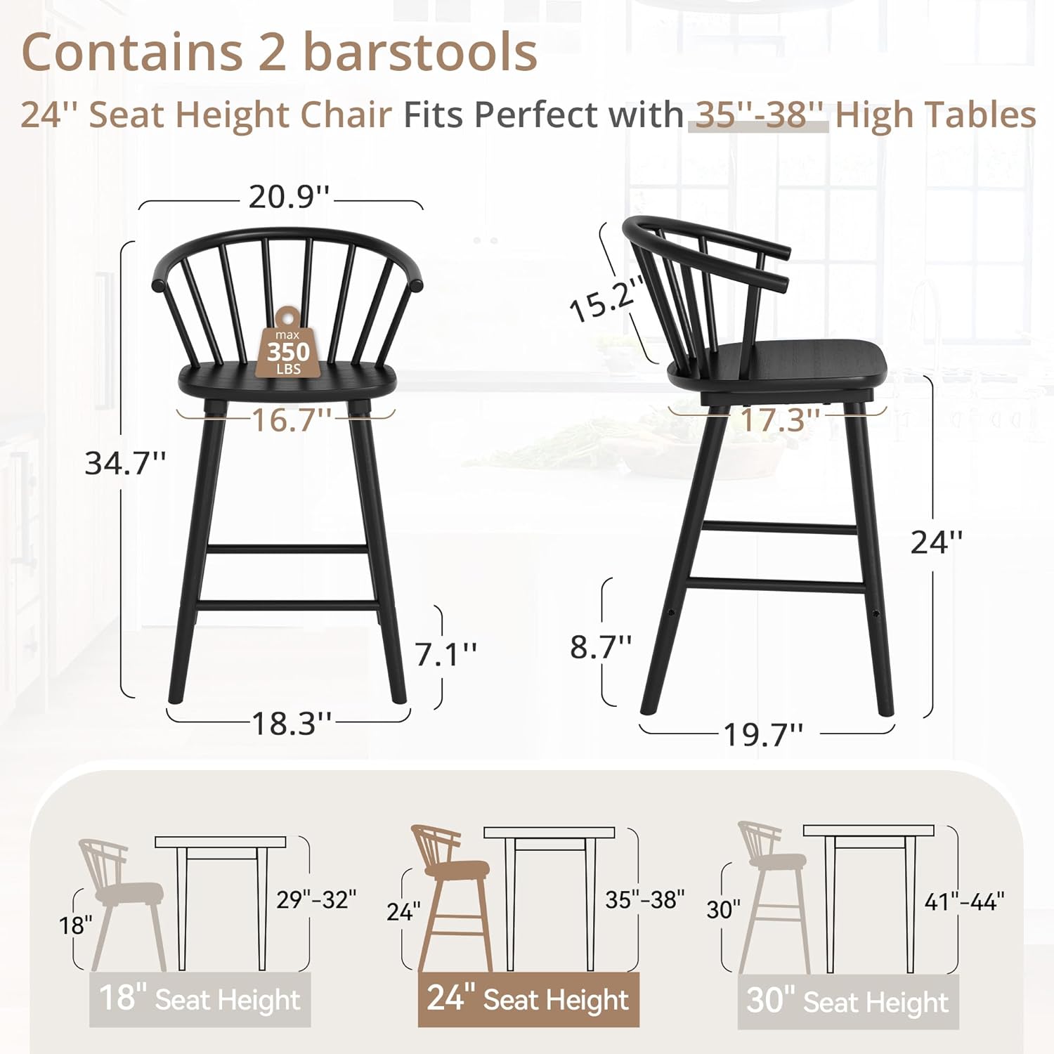 LUE BONA Bar Stools Set of 4, Black Farmhouse Barstools with Semicircular Backrest, Mid Century Modern Counter Height Bar Stools for Kitchen Island, 24 Inch