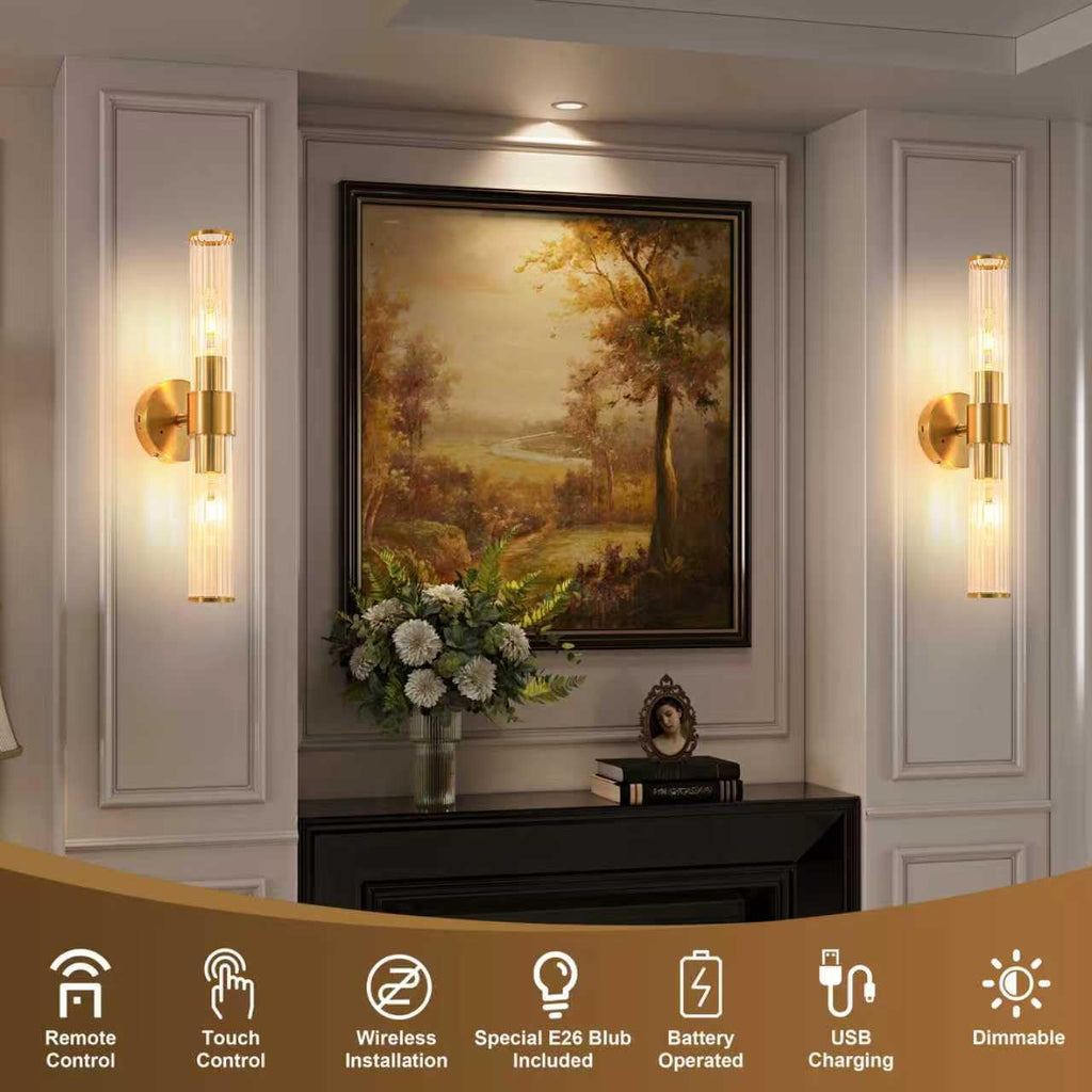 Morauroral Gold Battery Operated Wall Sconces Set of Two, Rechargeable Wall Sconce with Dimmable Remote Control, 20 Inch Wireless Sconce Wall Light for Bedroom, Living Room (Bulbs Included)