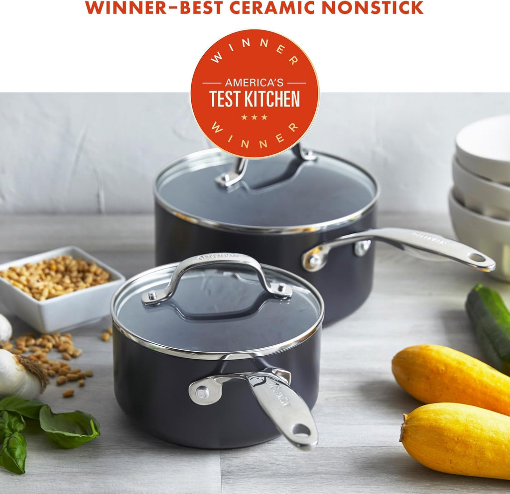 GreenPan Valencia Pro Ceramic Nonstick 1.66QT & 3.3QT Saucepan Pots with Lids Set, Hard Anodized PFAS-Free Cookware, Induction Ready & All Cooktops, Soup & Sauce, Dishwasher & Oven Safe to 600F, Gray