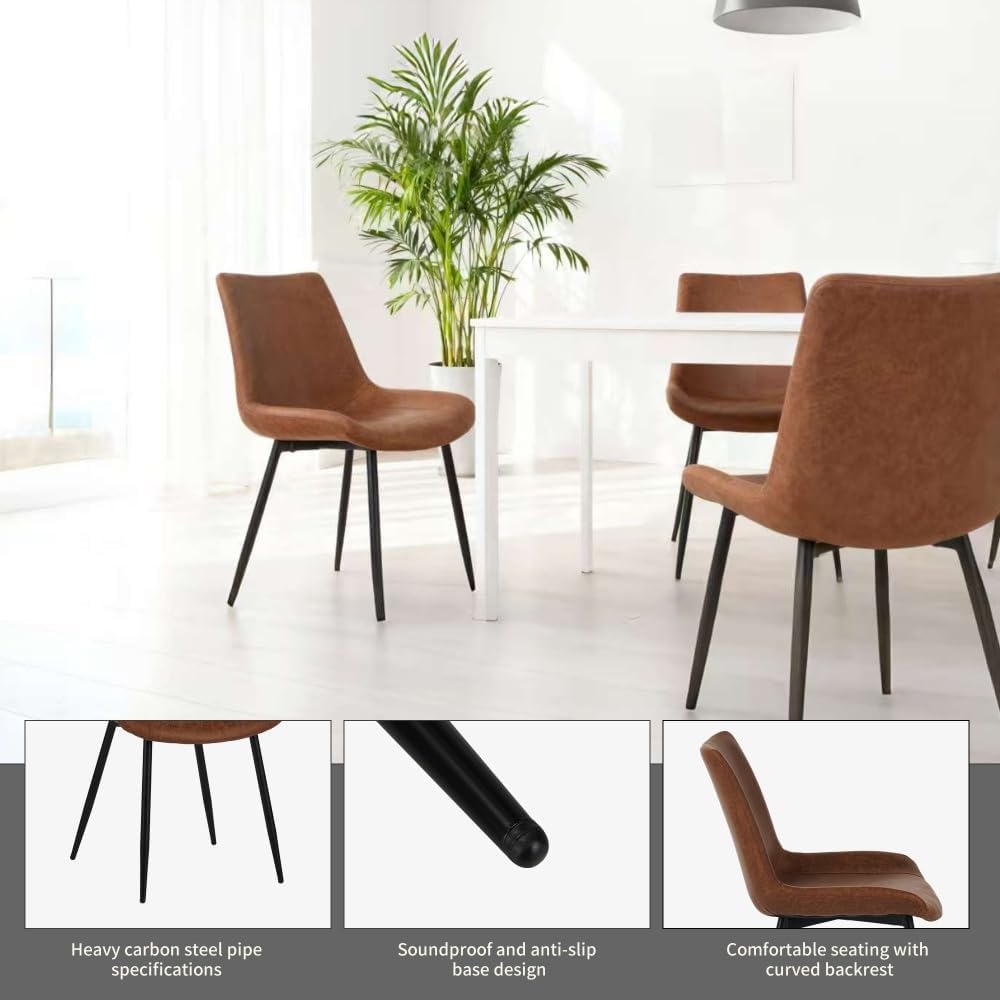 Upholstered Dining Chairs Set of 4, Water-Resistant PU Leather Kitchen Chairs with 300lb Capacity for Dining Room, Office, Coffee Shop, Brown