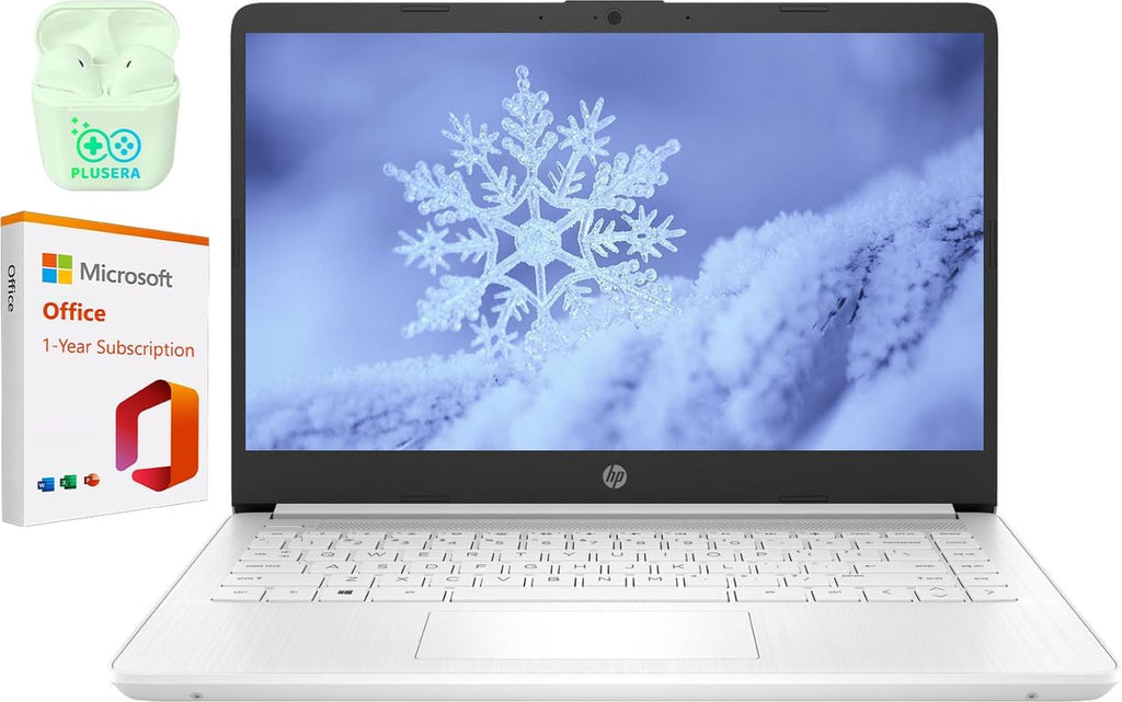 HP 14" Business & Student Laptop with 1-Year Microsoft Office 365, 4-Cores Intel Processor, 320GB Storage (64GB SSD+256GB SD Card), 8GB RAM, Windows 11, PLUSERA Earphones, Snowflake