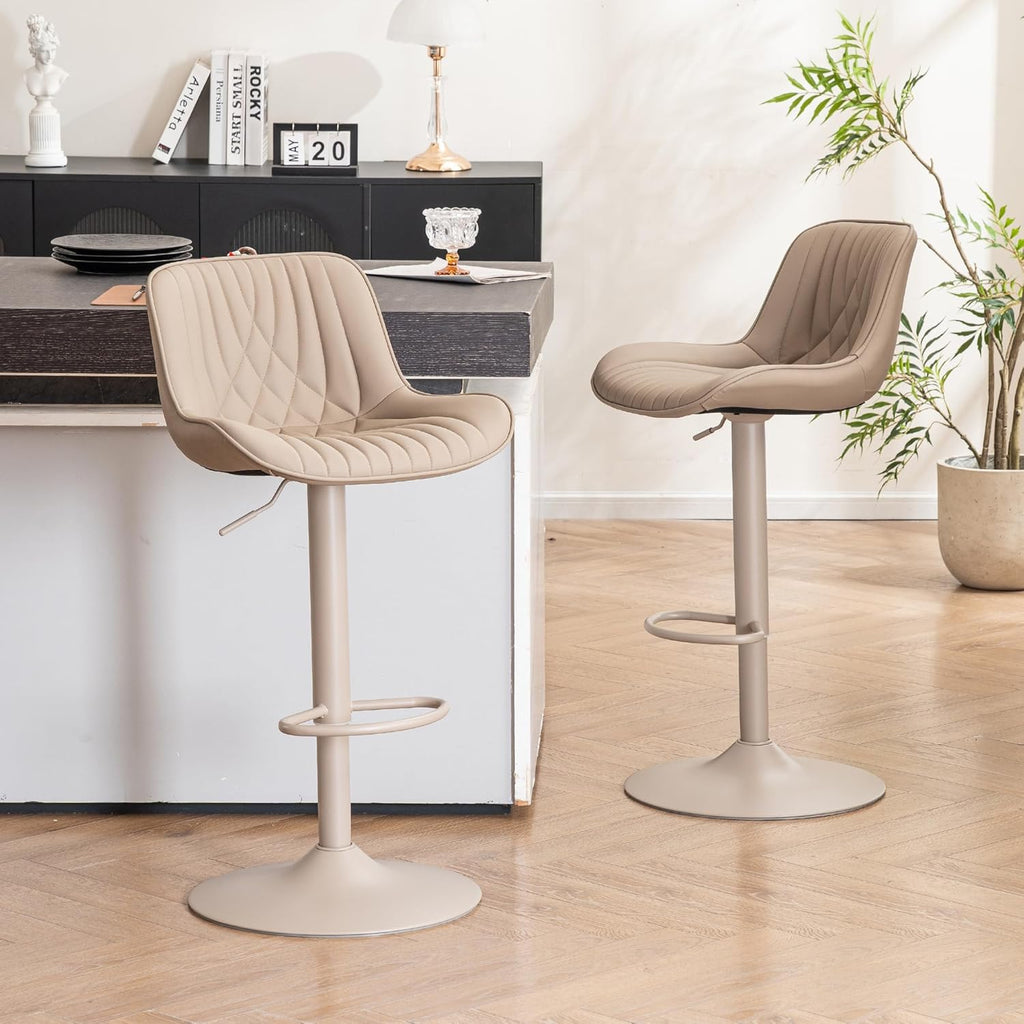 YOUTASTE Bar Stools Set of 2, Adjustable Swivel Counter Height Barstools with Back, All Khaki Faux Leather Upholstered Bar Chairs with Metal Base, Stools for Kitchen Island or Home Bar