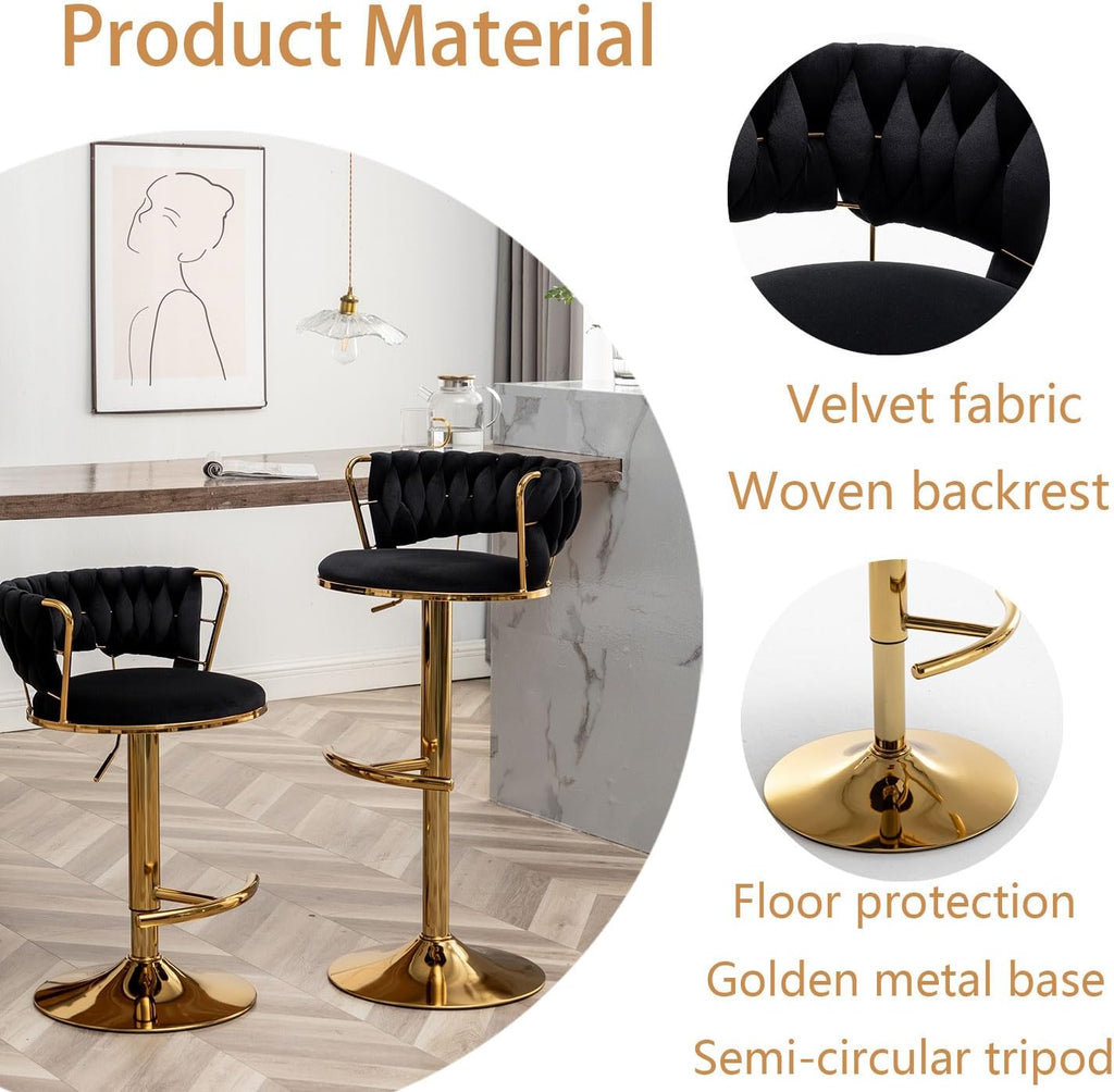 Riknuxi Velvet Bar Stools Set of 3, Counter Height Barstools with Low Back, Gold Swivel Bar Stool for Kitchen Island, Pub (Black)