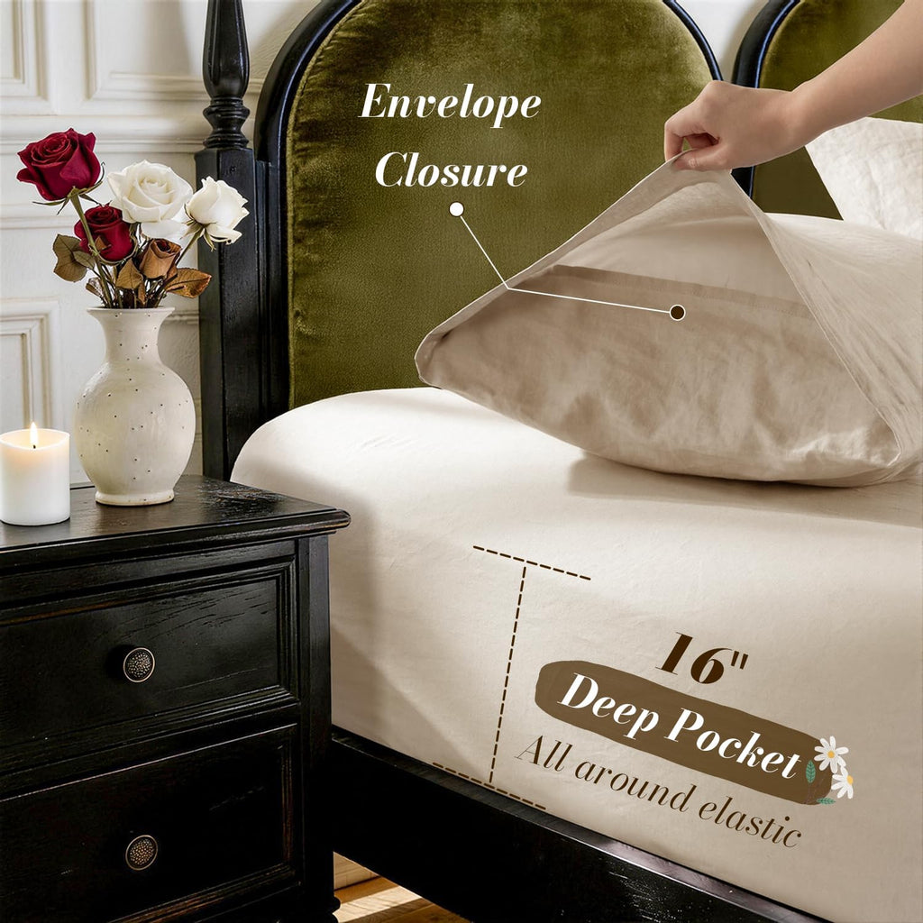 SONORO KATE 100% French Pure Linen Queen Size Sheets, Breathable and Durable Linen Bed Sheets, Anti-Tear, Machine Washable, 16 Inch Deep Pocket - 4 Piece (Natural Linen)