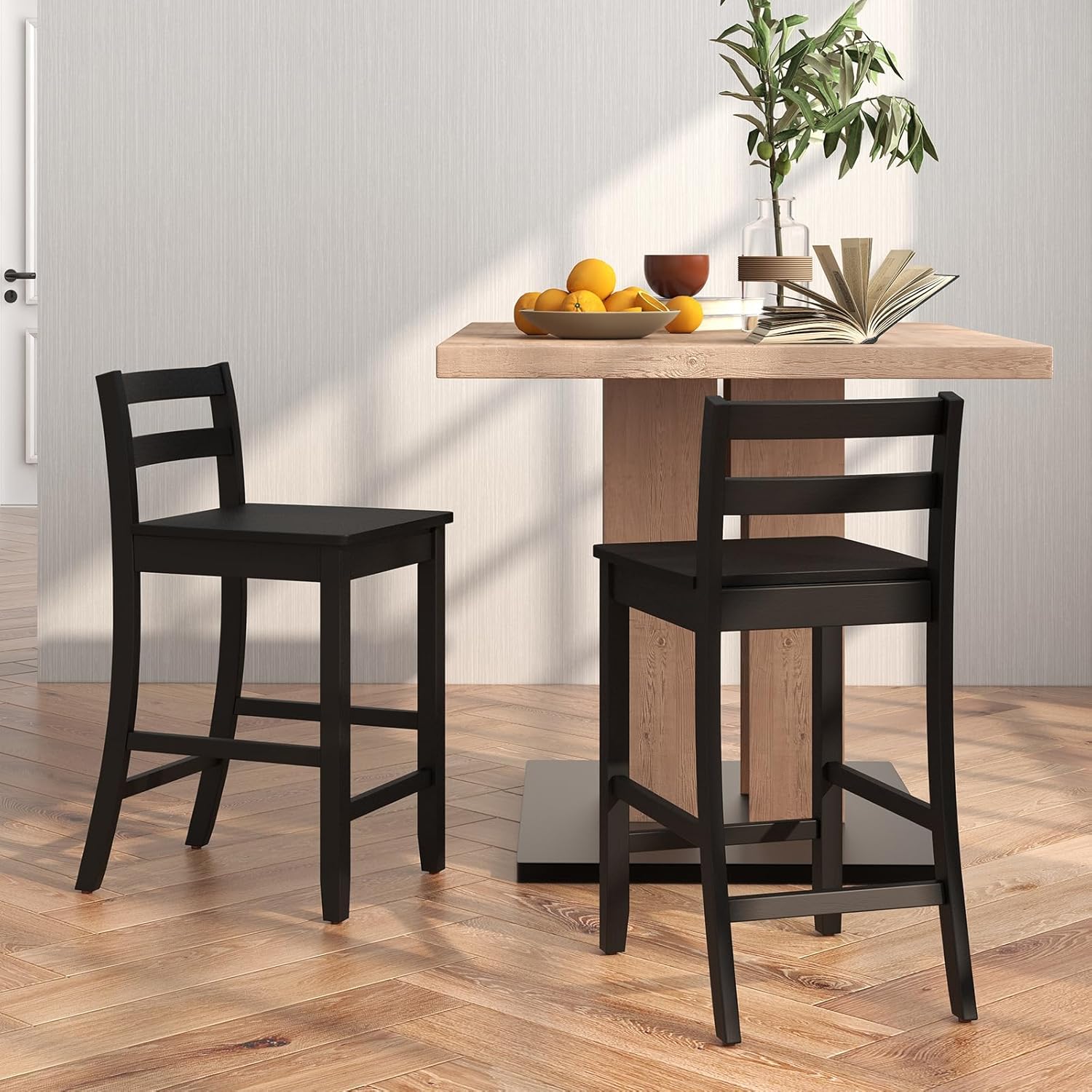 COSTWAY Wooden Bar Stools Set of 2, 24-Inch Counter Height Stools with Ergonomic Backrest & Footrest, Farmhouse High Dining Chairs for Kitchen Island, Pub, Cafe (2, Black)