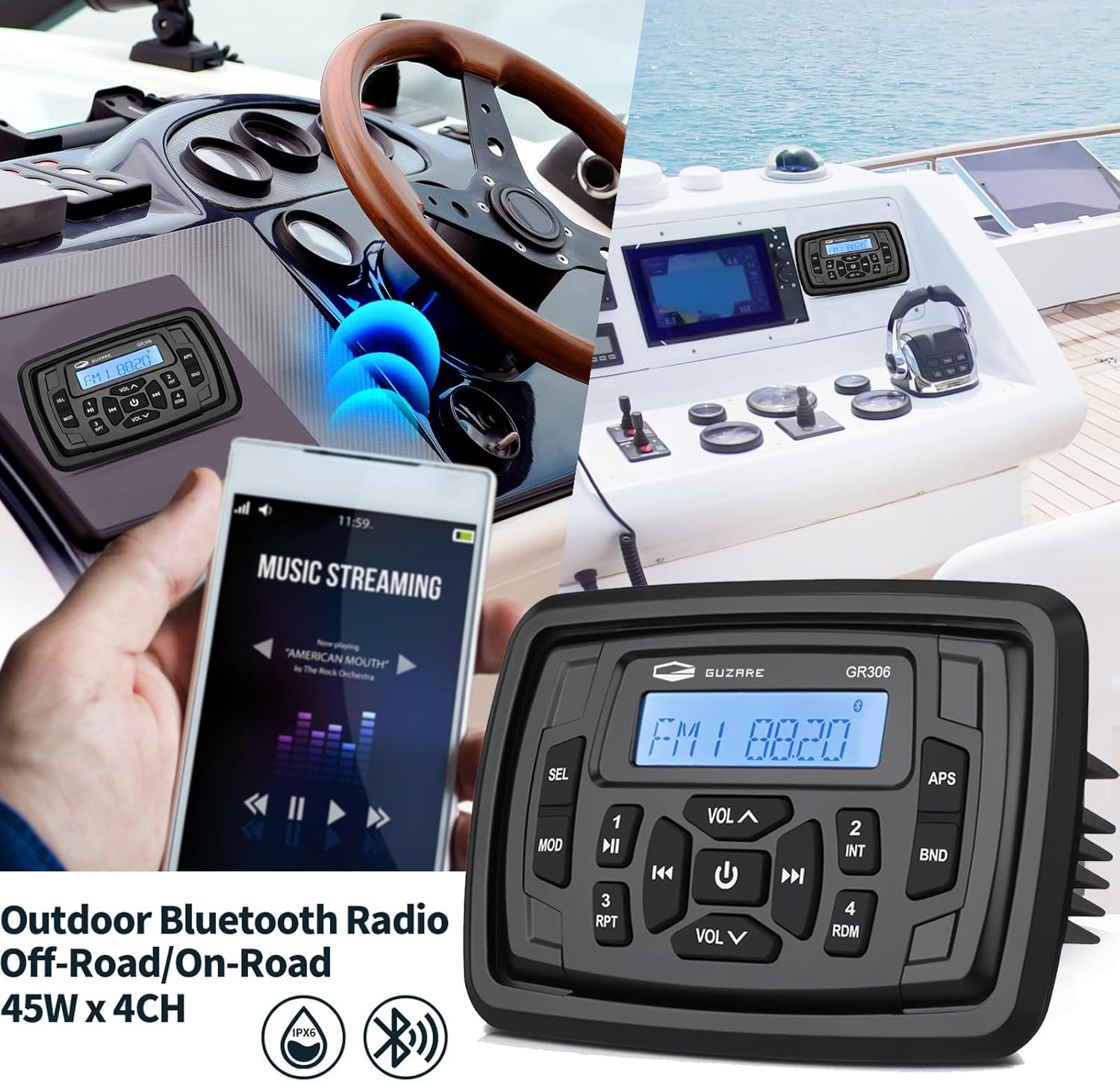Marine Audio System Waterproof Bluetooth FM/AM Radio Stereo Receiver with 4 inch Boat Speakers and Antenna – Ready for ATV, UTV, RV, Yacht
