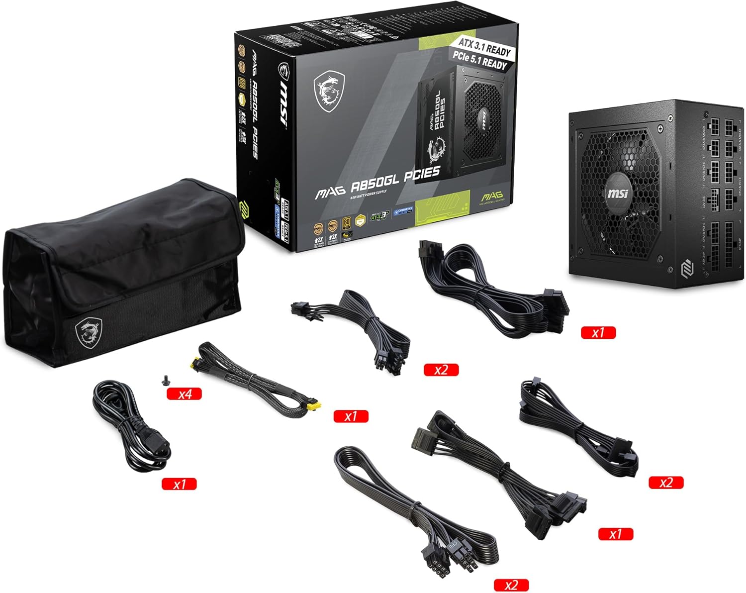 MSI MAG A850GL PCIE5, Fully Modular Compact Gaming 850W Power Supply, 80+ Gold, ATX 3.1 & PCIe 5.1 Ready, Native Dual-Color 12V-2x6 Cable, 10 Year Warranty