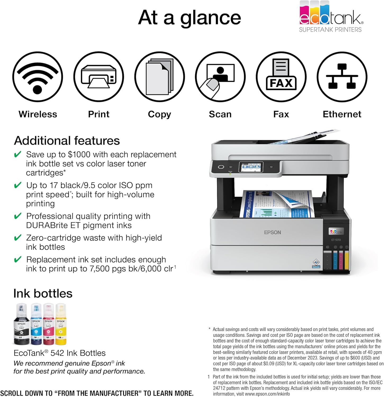 Epson EcoTank Pro ET-5170 Wireless Color All-in-One Supertank Printer with Scanner, Copier, Fax Plus Auto Document Feeder White Large