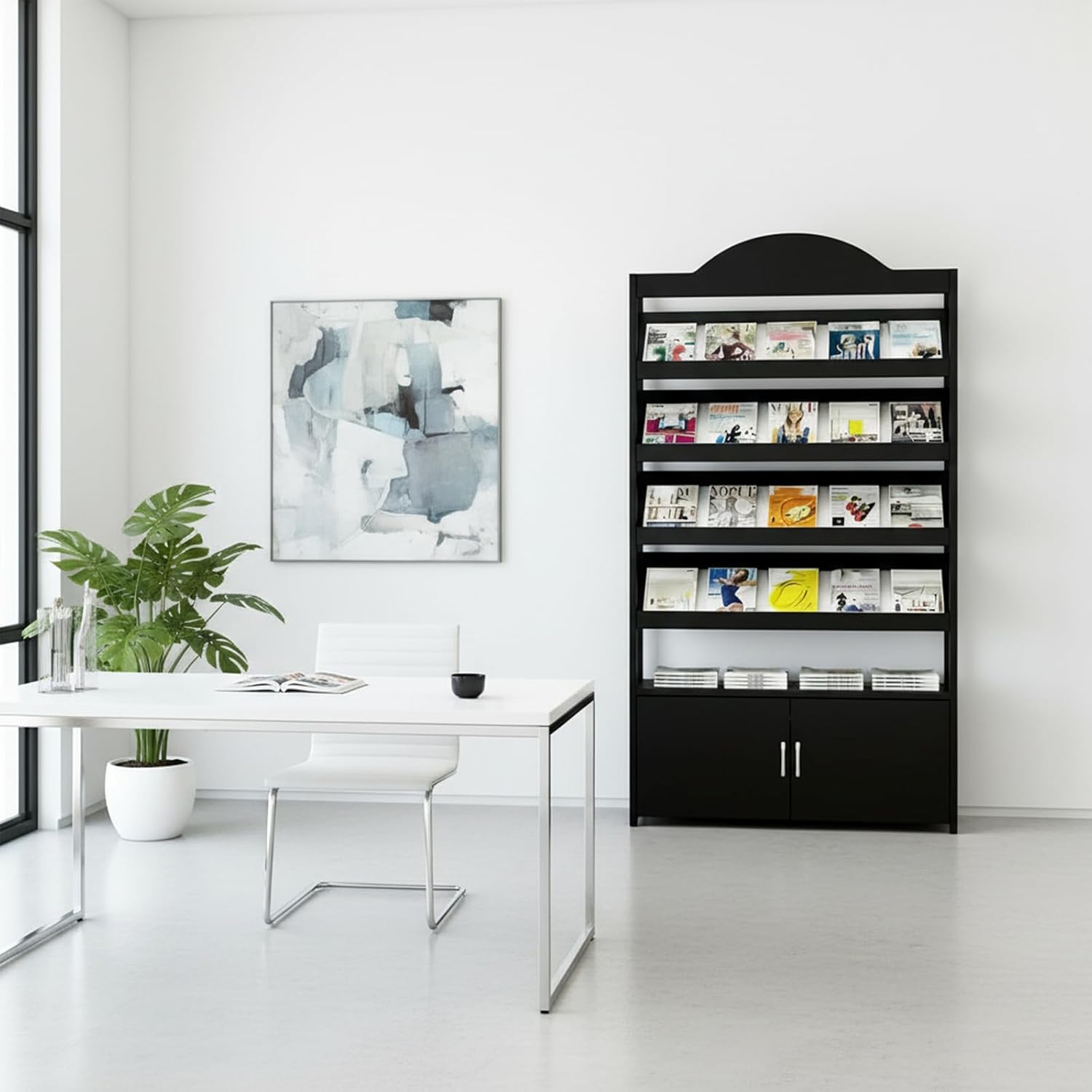 Magazine Rack Floor, 3/4-Tier Floor Magazine Rack with Bottom Storage Cabinet, Sturdy Carbon Steel & Wood Literature Stand, Space-Saving Design for Living Room, Coffee Shop, Office, School
