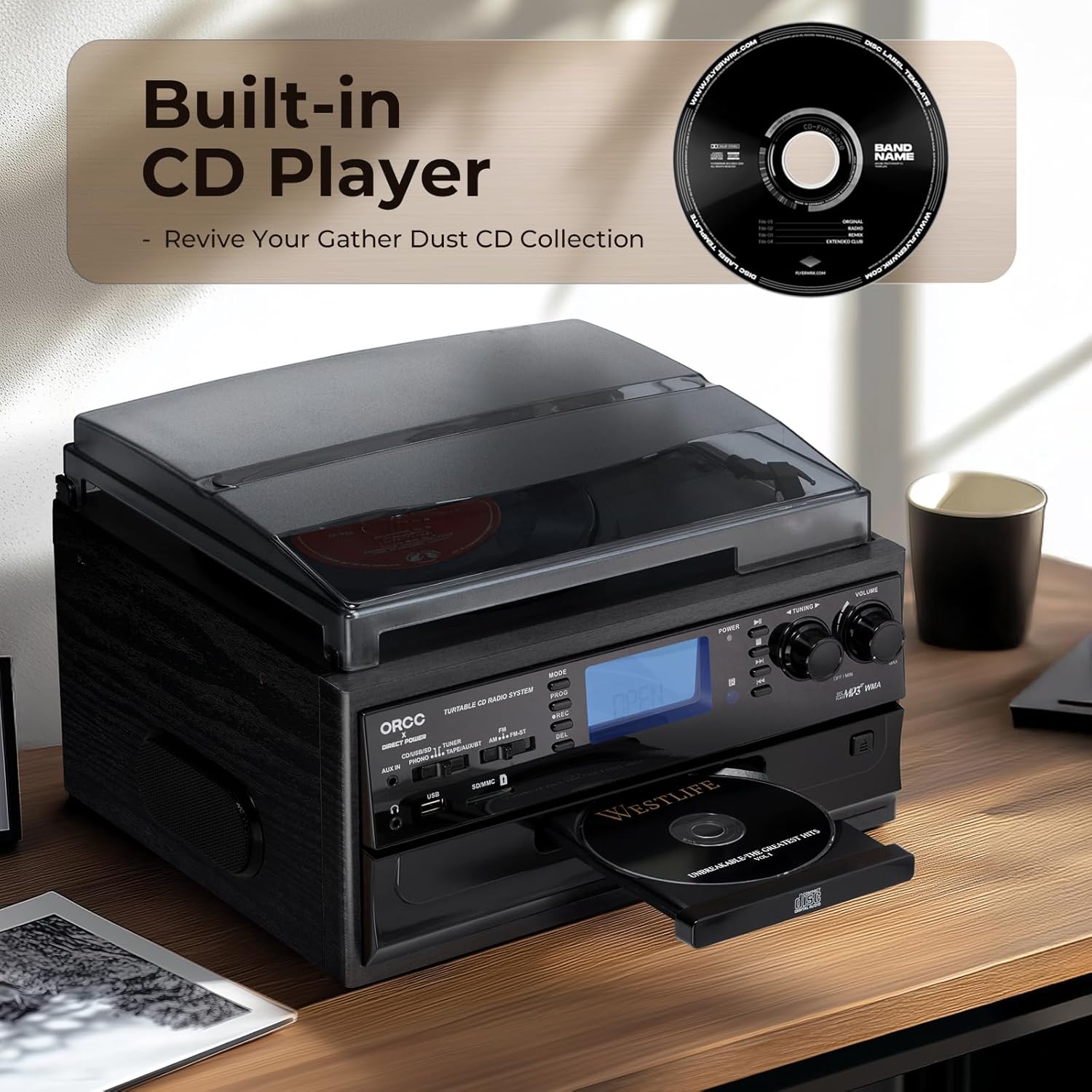 ORCC 10-in-1 Bluetooth Turntable Record Player with Built-in Speaker, Vinyl Turntable CD Cassette and FM/AM Radio Combo, AUX in RCA Out USB MP3 Recording Headphone Jack Compact