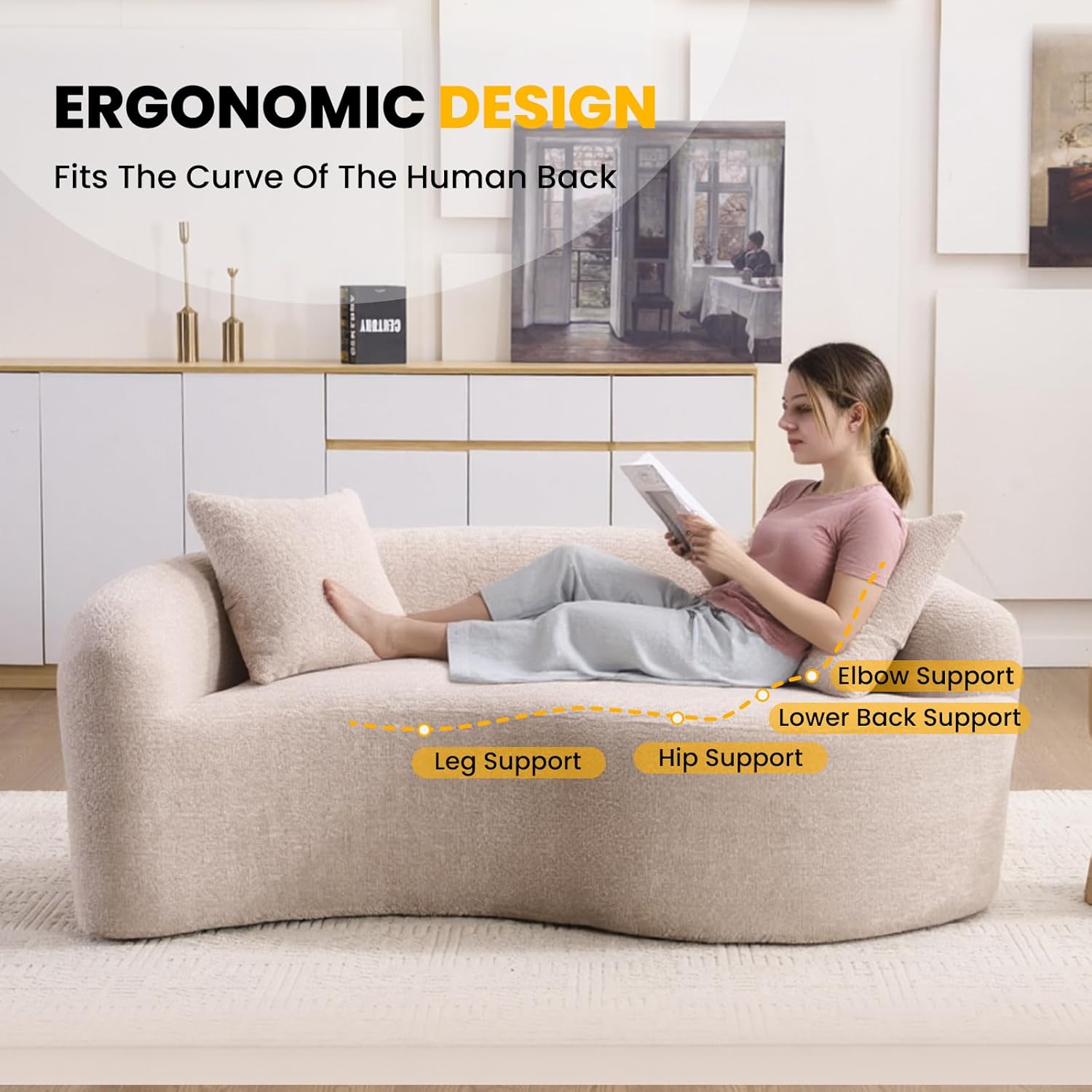 66.9'' Modular Sectional Loveseat, Chenille Upholstered Boneless Curved Loveseat with Deep Seat,Combination Round Sofa for Coffee Shop, Game Room, Office (Beige, 66.9 Inch)