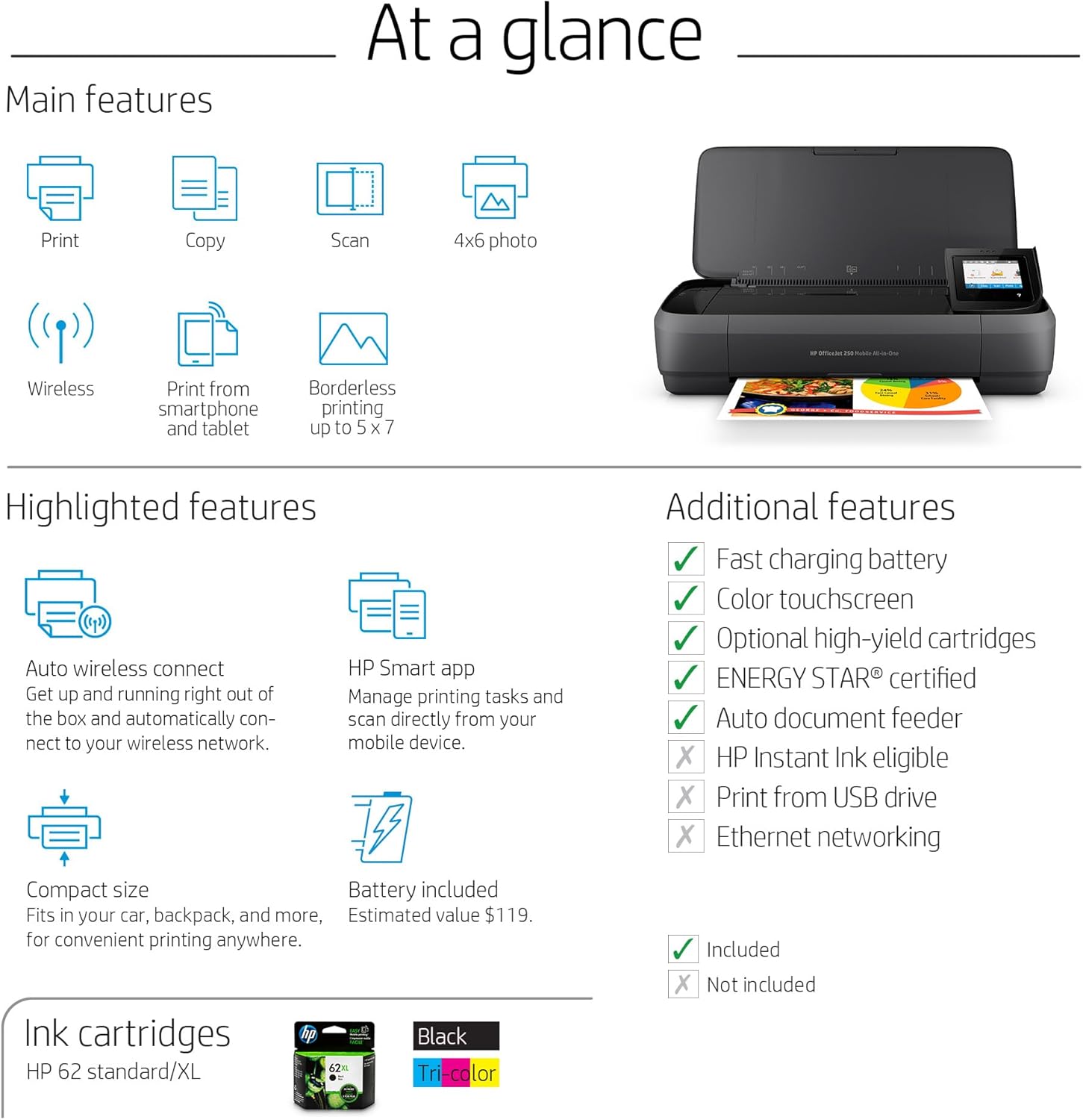 HP OfficeJet 250 Wireless Mobile Printer, Scanner, Copier - Black, Battery Included (CZ992A)